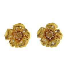 Asprey Diamond Gold English Rose Flower Earrings