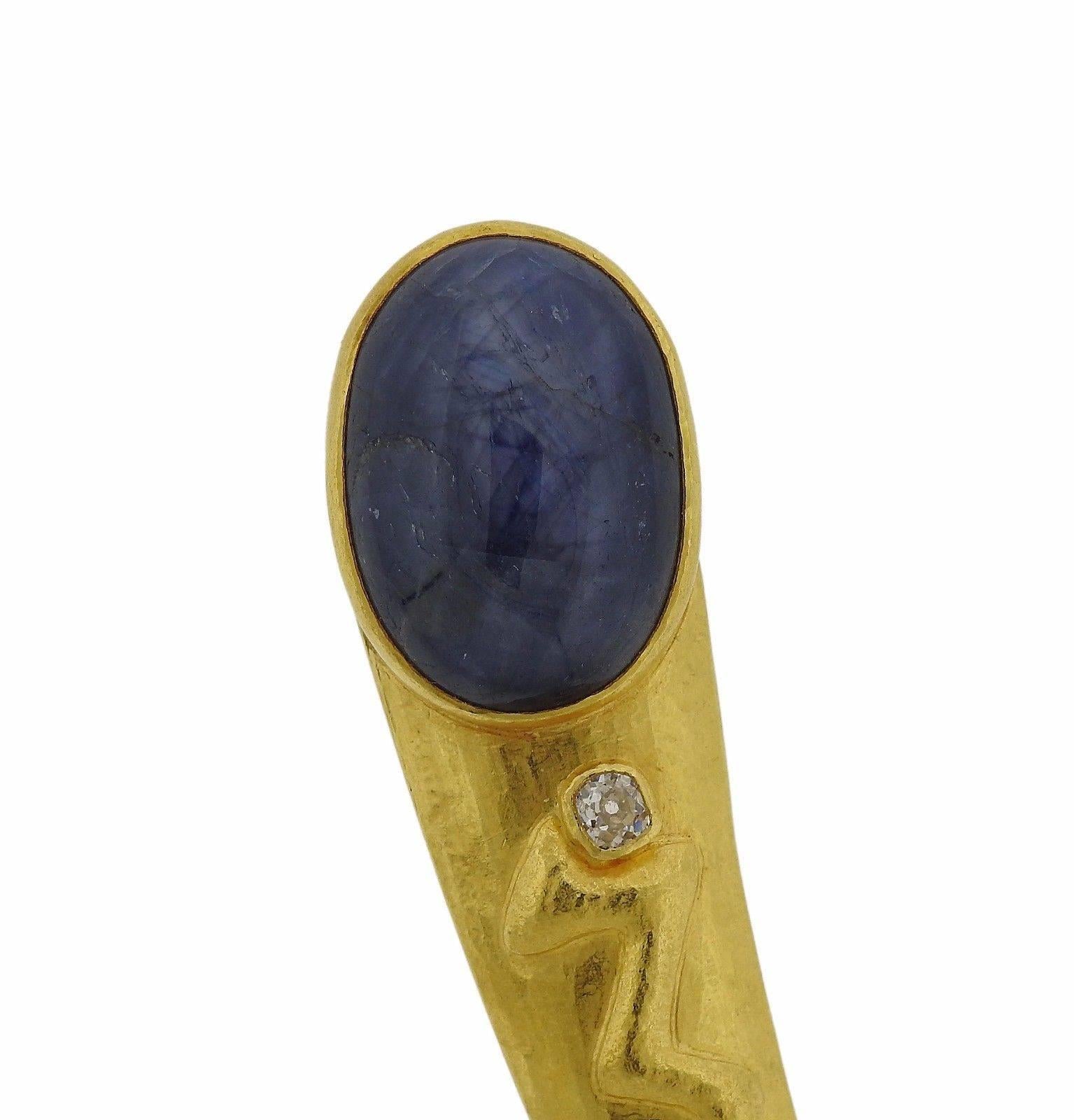 Sapphire Cabochon Diamond Gold Brooch Pin In Excellent Condition In Lambertville, NJ
