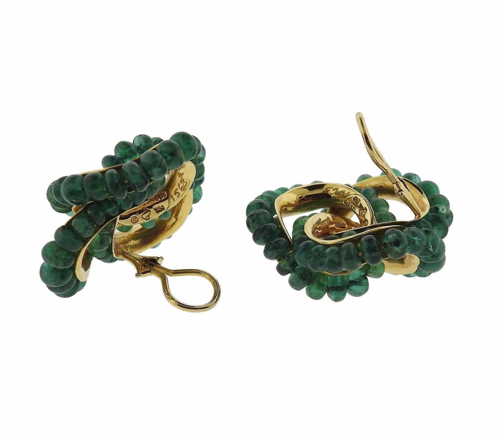 A pair of 18k yellow gold earrings set with emerald beads.  The earrings measure 37mm x 37mm and weigh 39.7 grams.  Marked: Seaman Schepps 750, maker's hallmark.