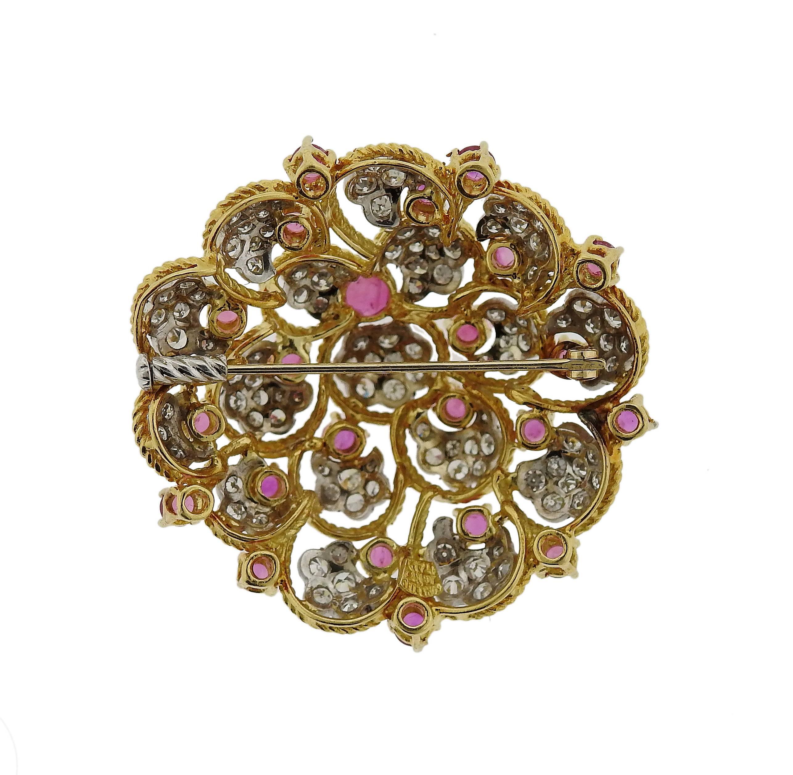 1960s Orletto Ruby Diamond Gold Brooch Pin In Excellent Condition In Lambertville, NJ