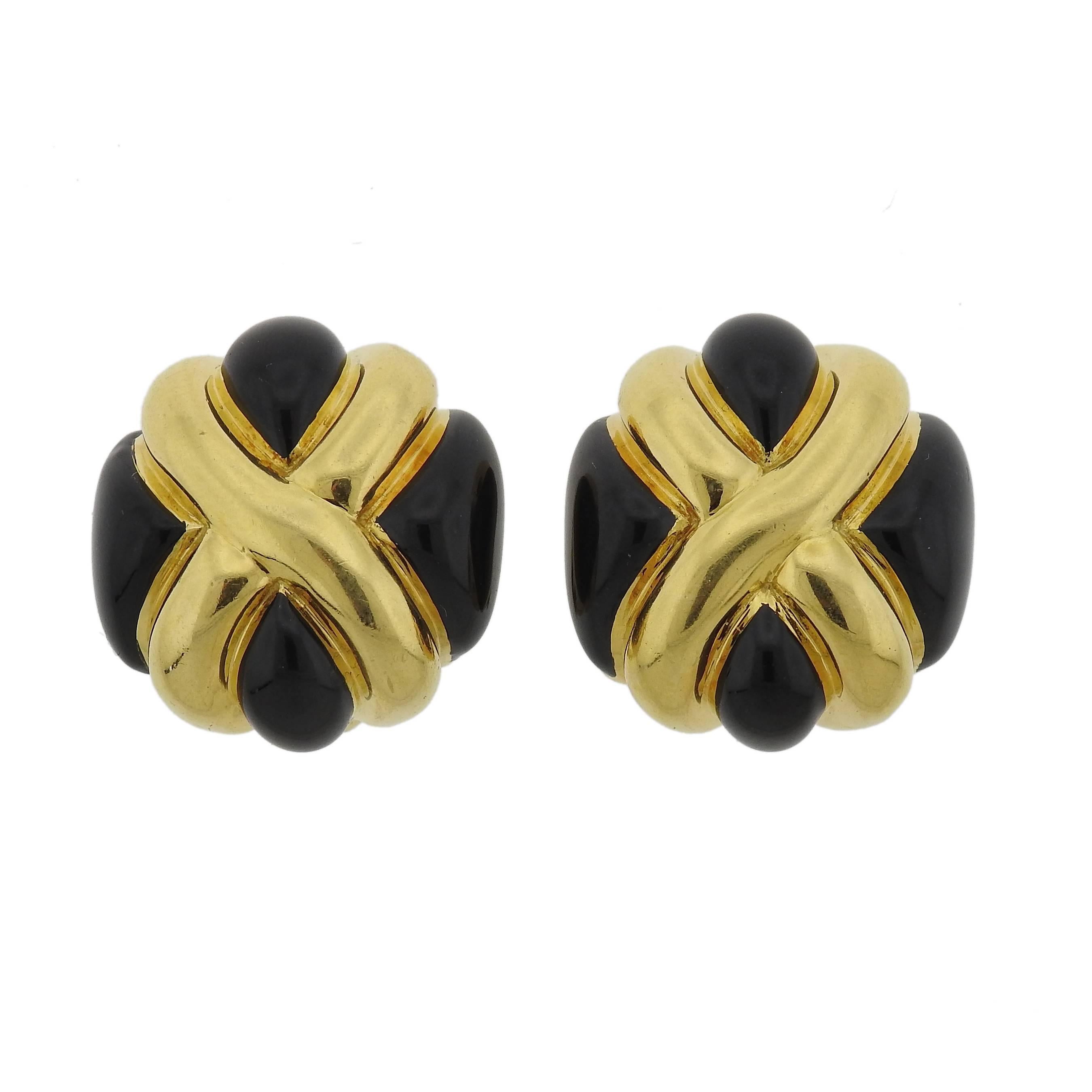 Classic Andrew Clunn Onyx Gold Earrings