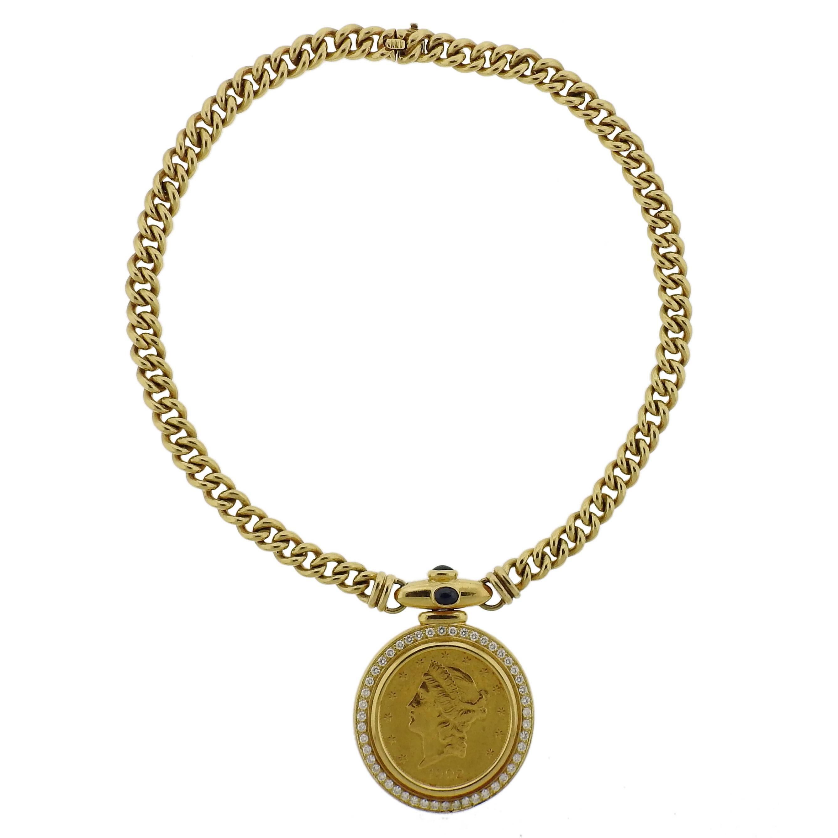 Massive 1980s Sapphire Diamond Gold Coin Pendant Necklace