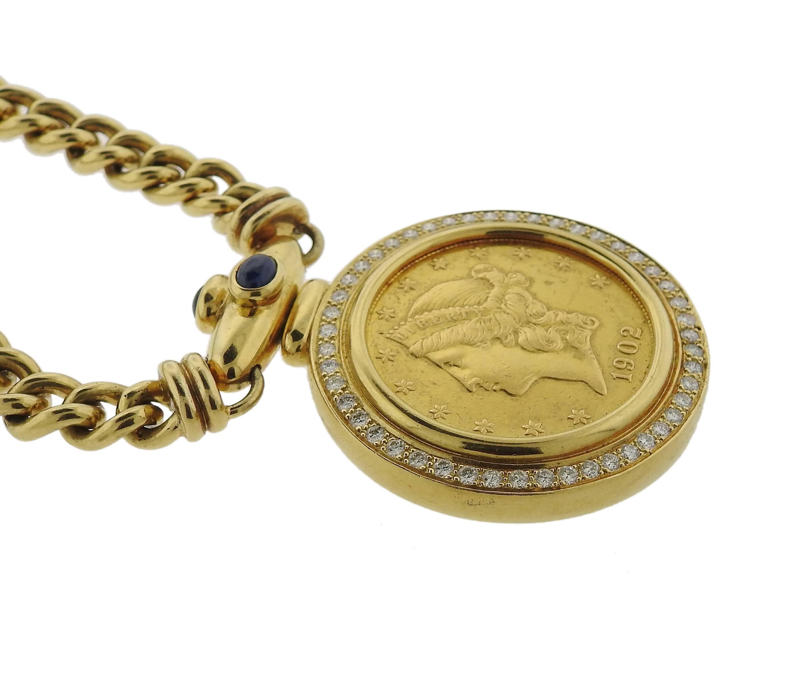 Men's Massive 1980s Sapphire Diamond Gold Coin Pendant Necklace