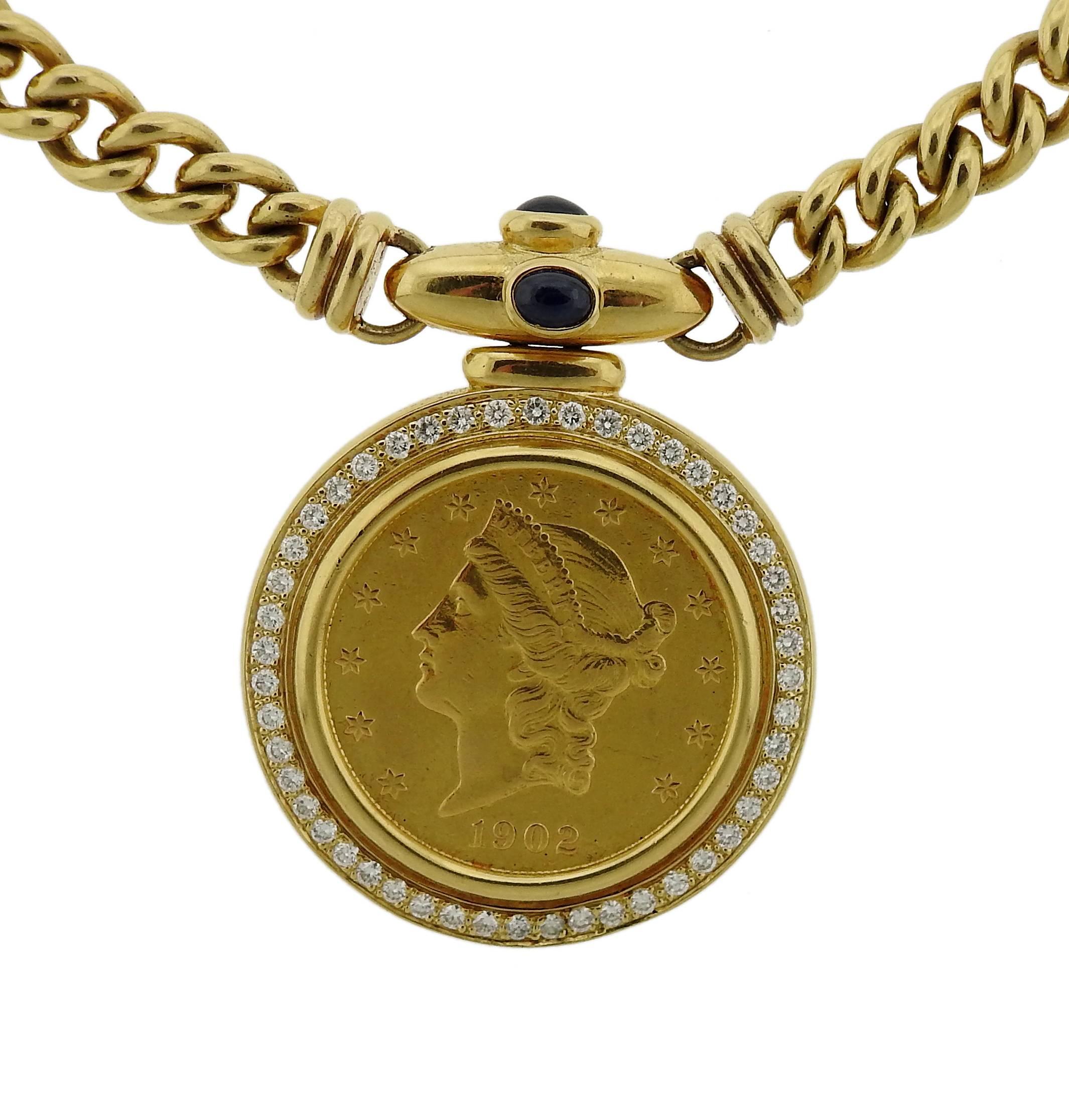 Massive 1980s Sapphire Diamond Gold Coin Pendant Necklace In Excellent Condition In Lambertville, NJ