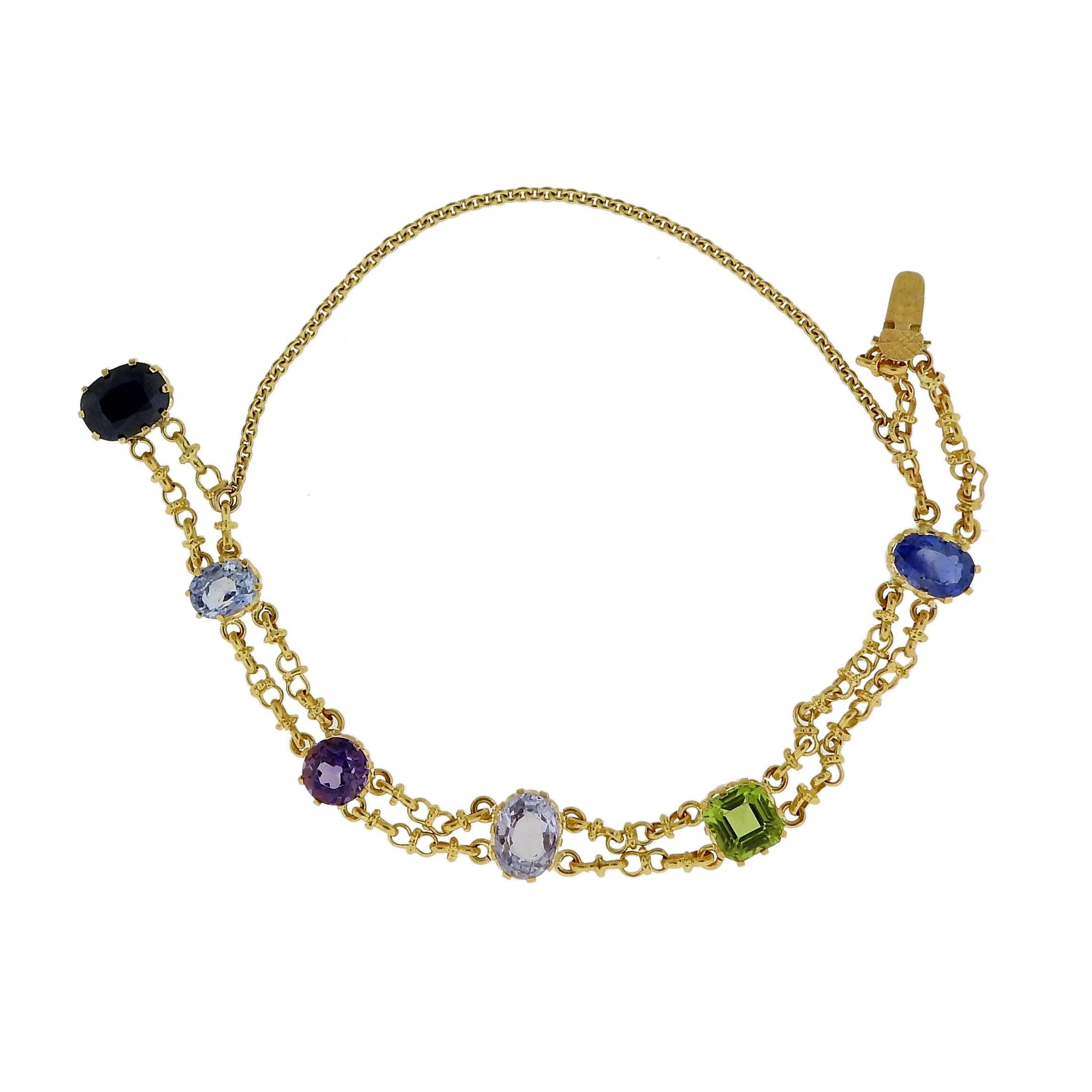 Antique Victorian Natural Multi-Color Sapphire Gold Bracelet In Excellent Condition In Lambertville, NJ