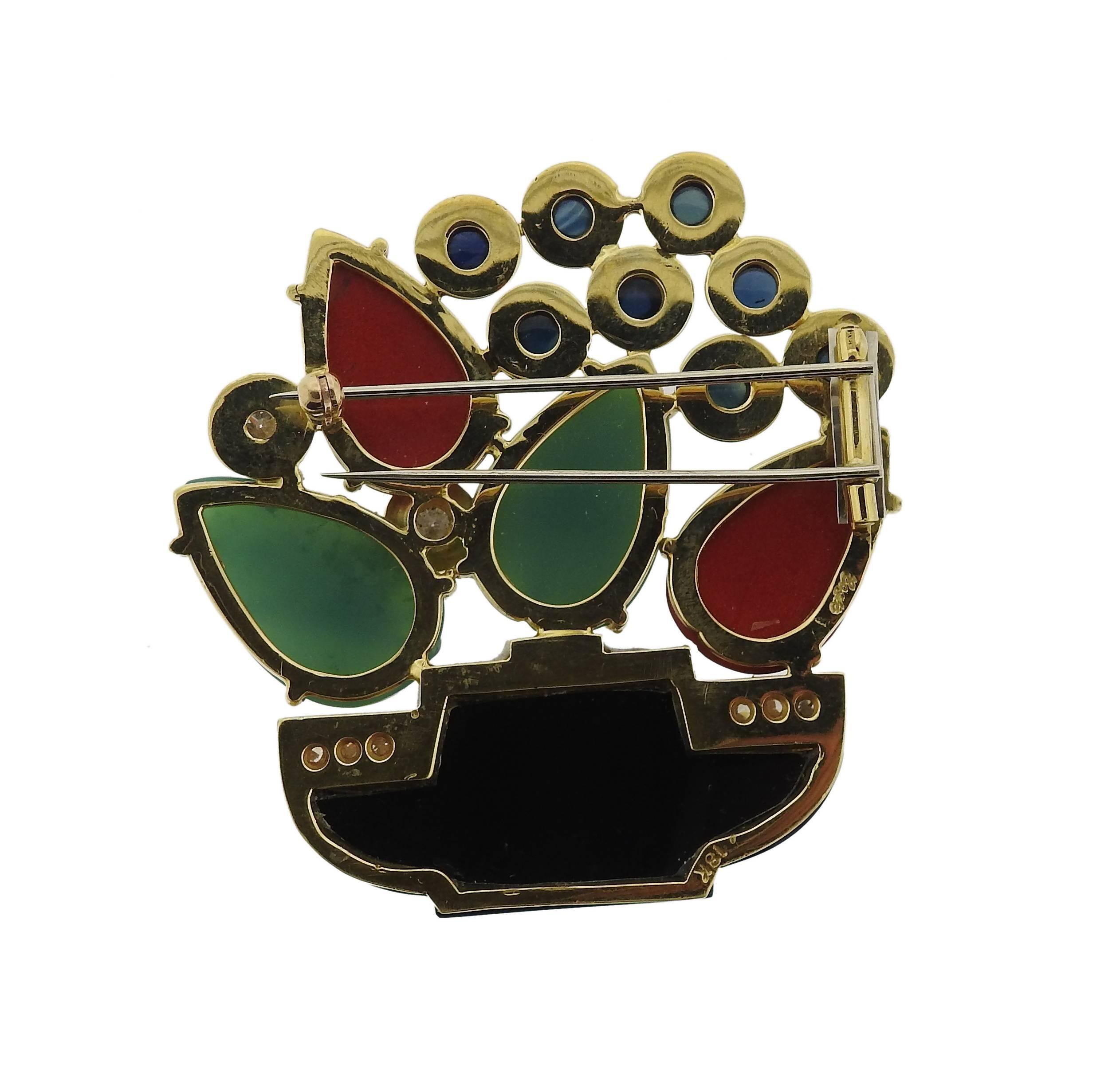 1980s Tutti Frutti Carved Gemstone Diamond Gold Brooch Pin In Excellent Condition In Lambertville, NJ