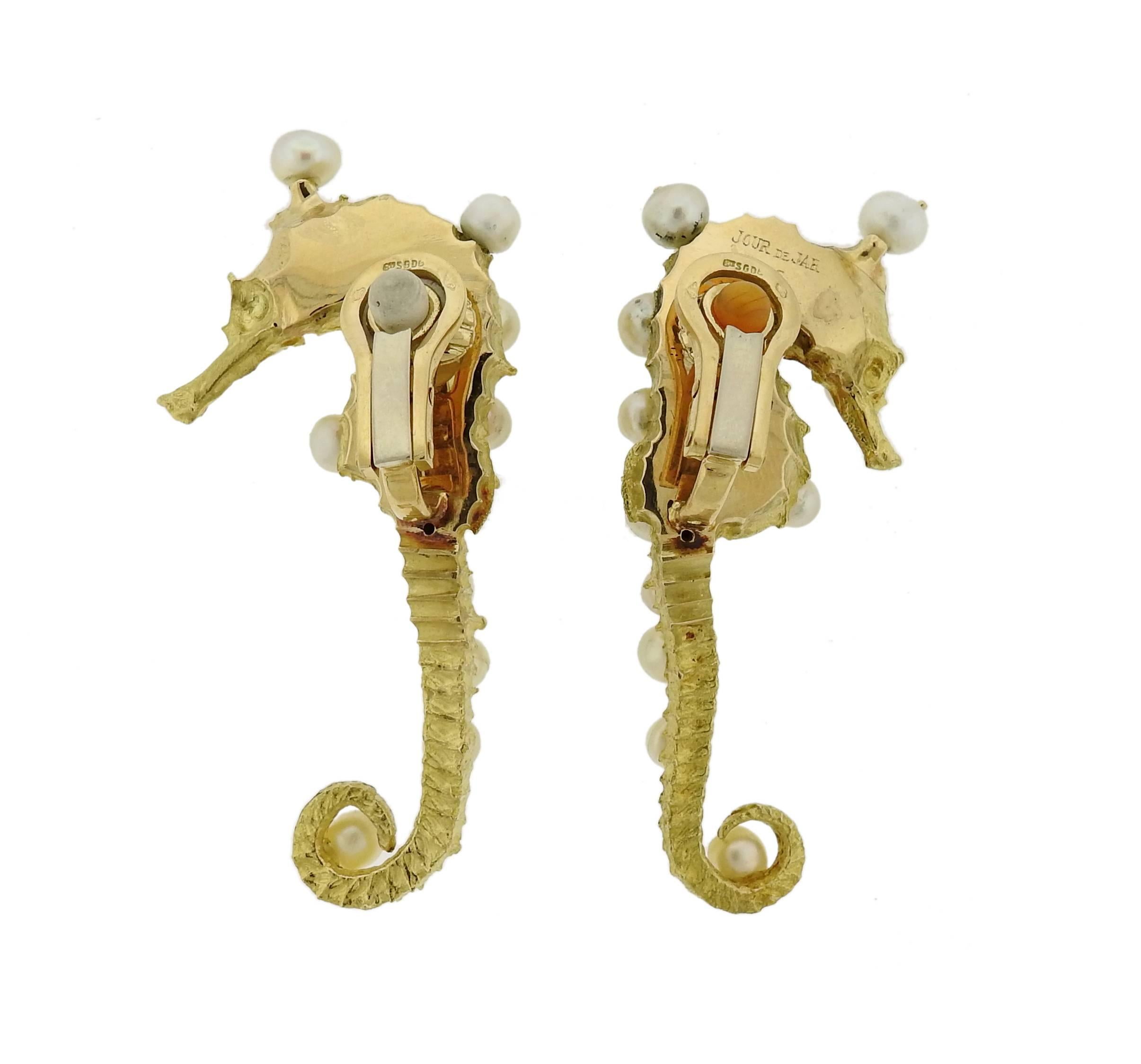Rare Jar Paris Gold Pearl Seahorse Earrings In Excellent Condition In Lambertville, NJ