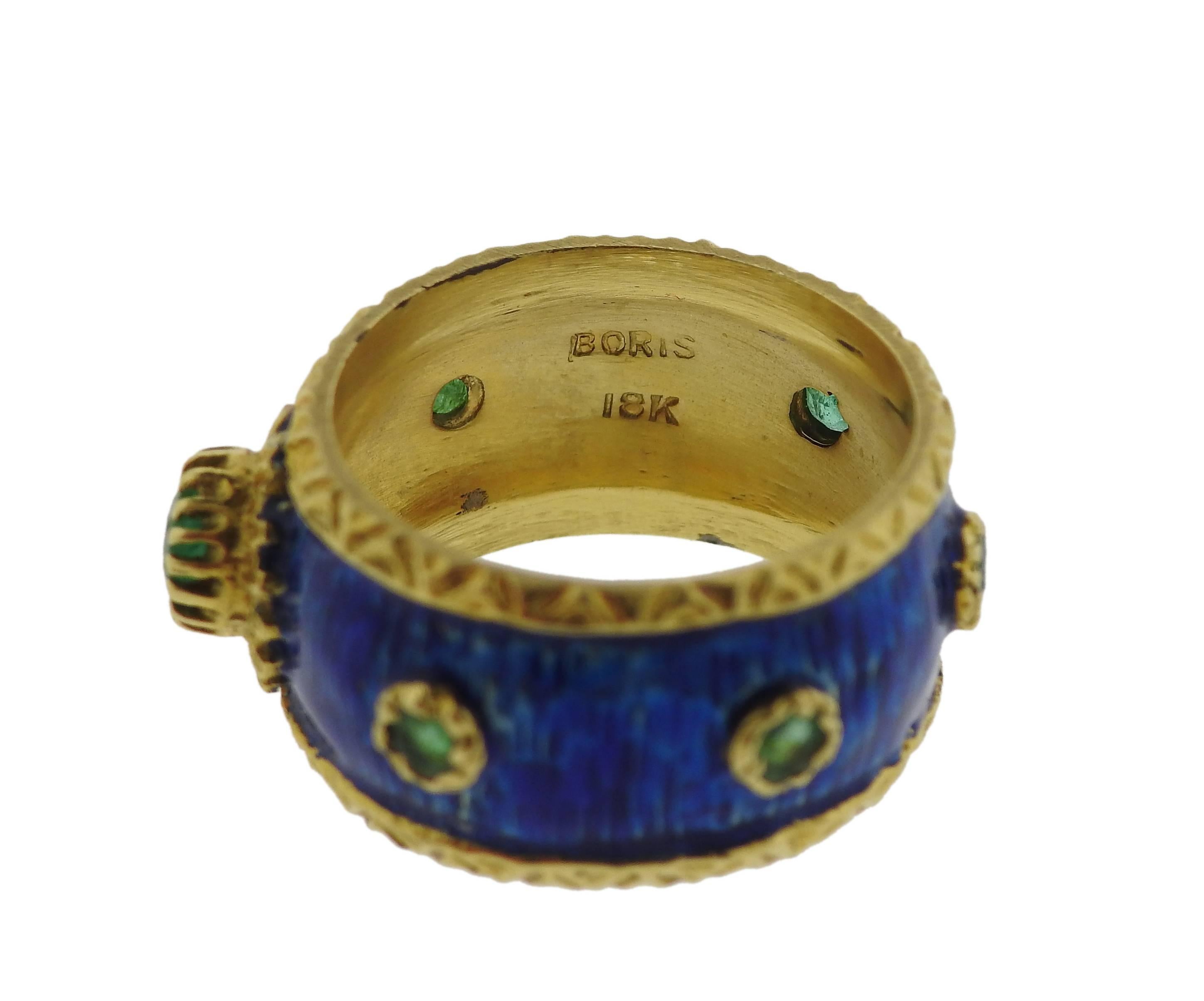 Boris Le Beau Gold Enamel Emerald Band Ring In Excellent Condition In Lambertville, NJ