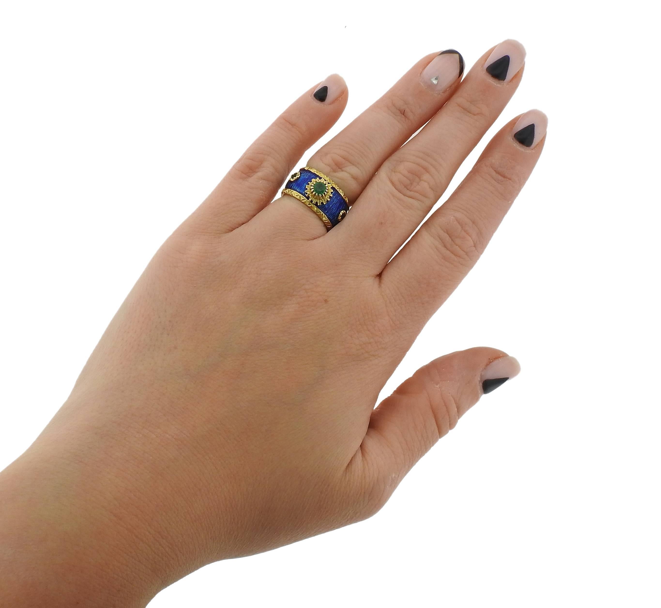 Women's Boris Le Beau Gold Enamel Emerald Band Ring