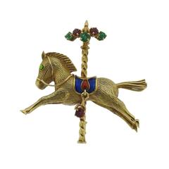 Enamel Emerald Ruby Gold Horse Carousel Brooch Pin