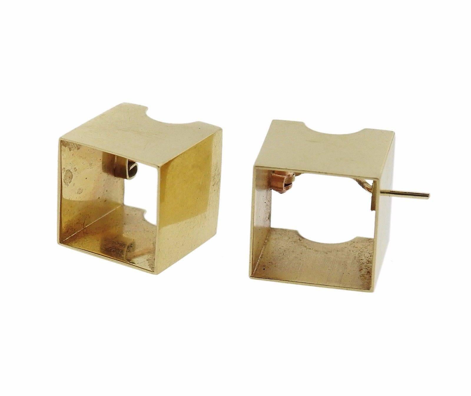 A pair of 14k yellow gold cube earrings.  The earrings measure 14mm x 14mm x 14mm and weigh 7.1 grams.  Marked: patented N + 14k.