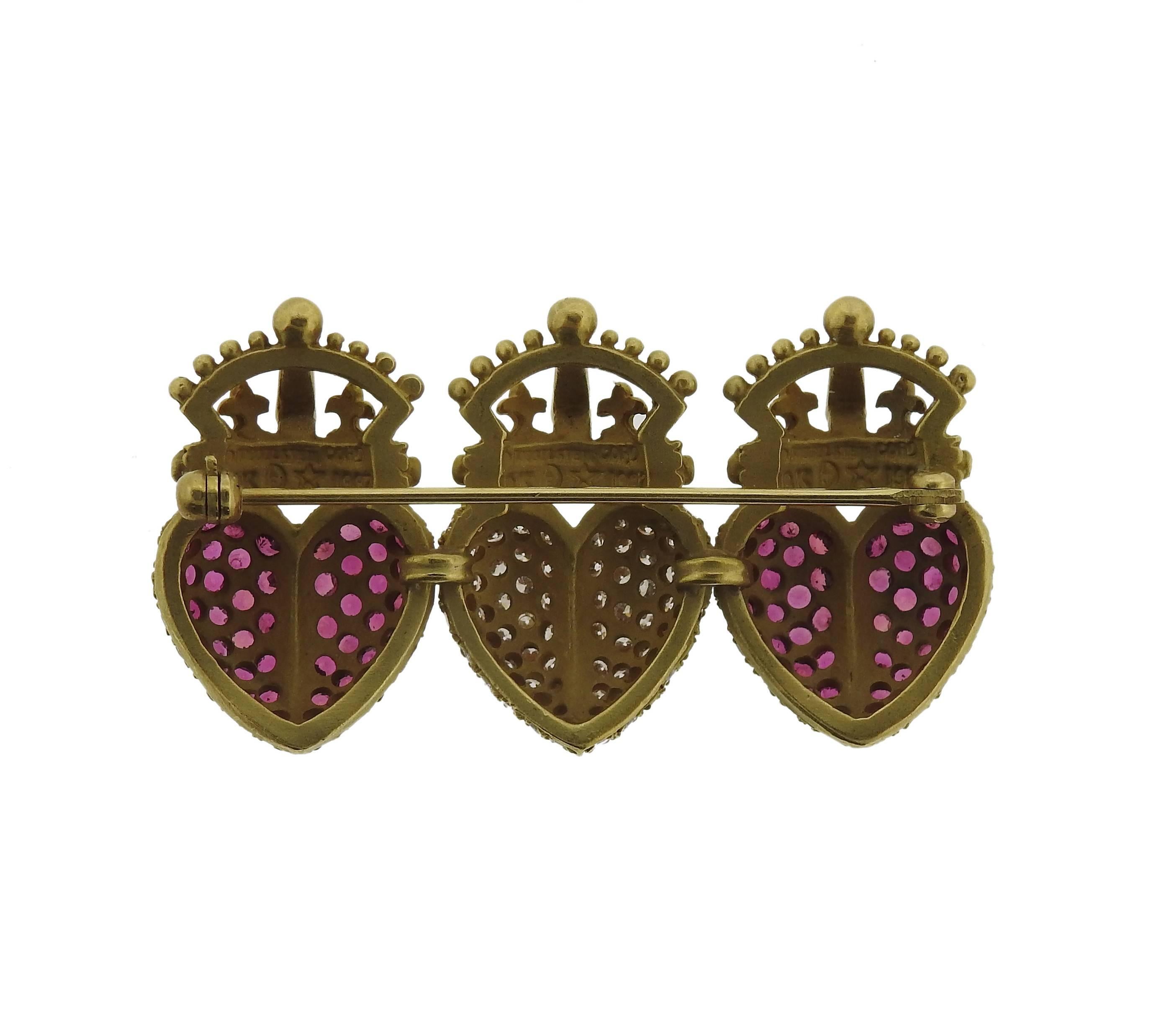 Kieselstein Cord Ruby Diamond Gold Crown Heart Brooch Pin In Excellent Condition In Lambertville, NJ