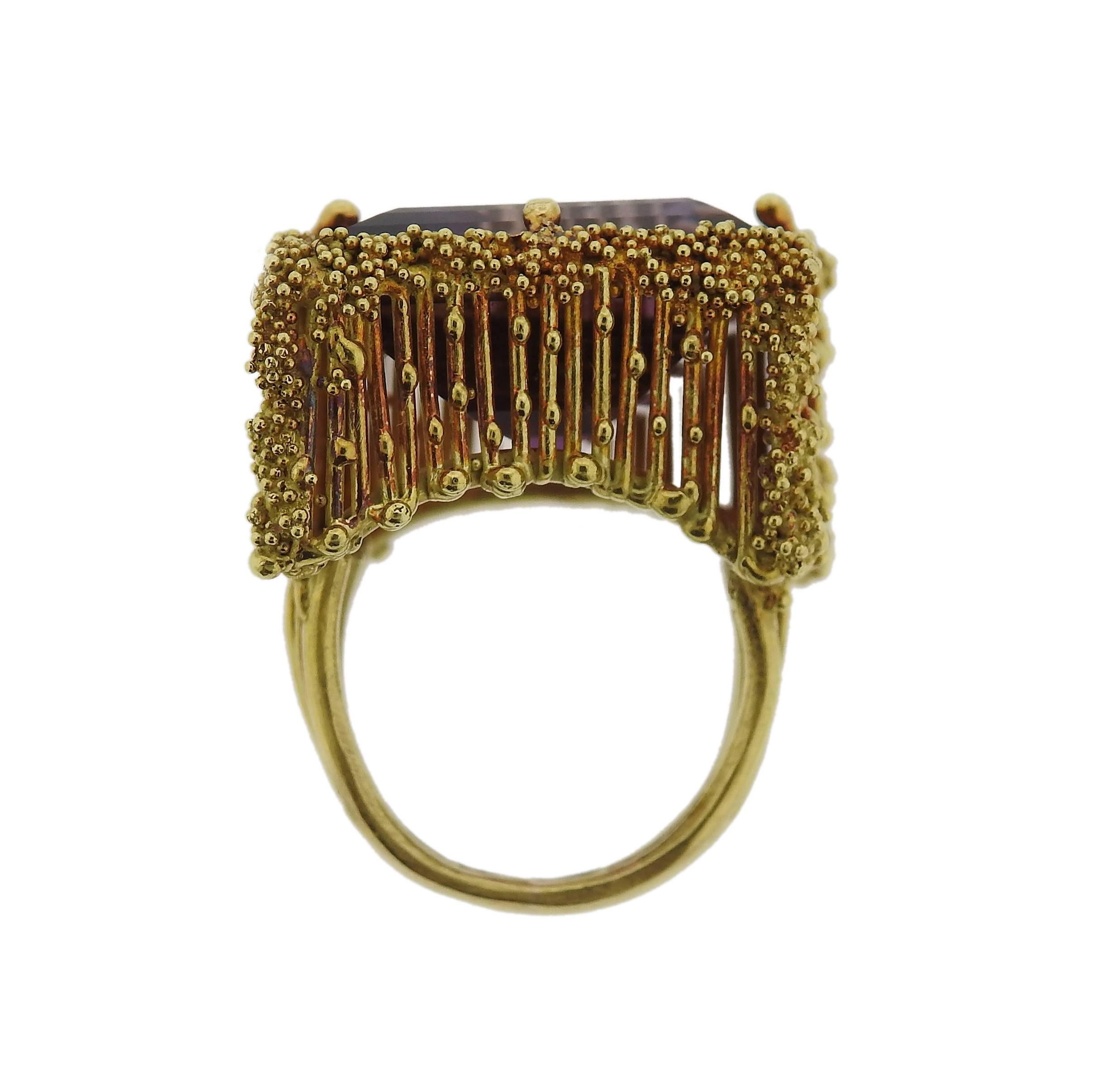 Circa 1970s vintage 18k yellow gold ring, featuring 19mm x 19mm ametrine. Ring size - 5 1/2, ring top is 23mm x 23mm and weighs 23.1 grams 