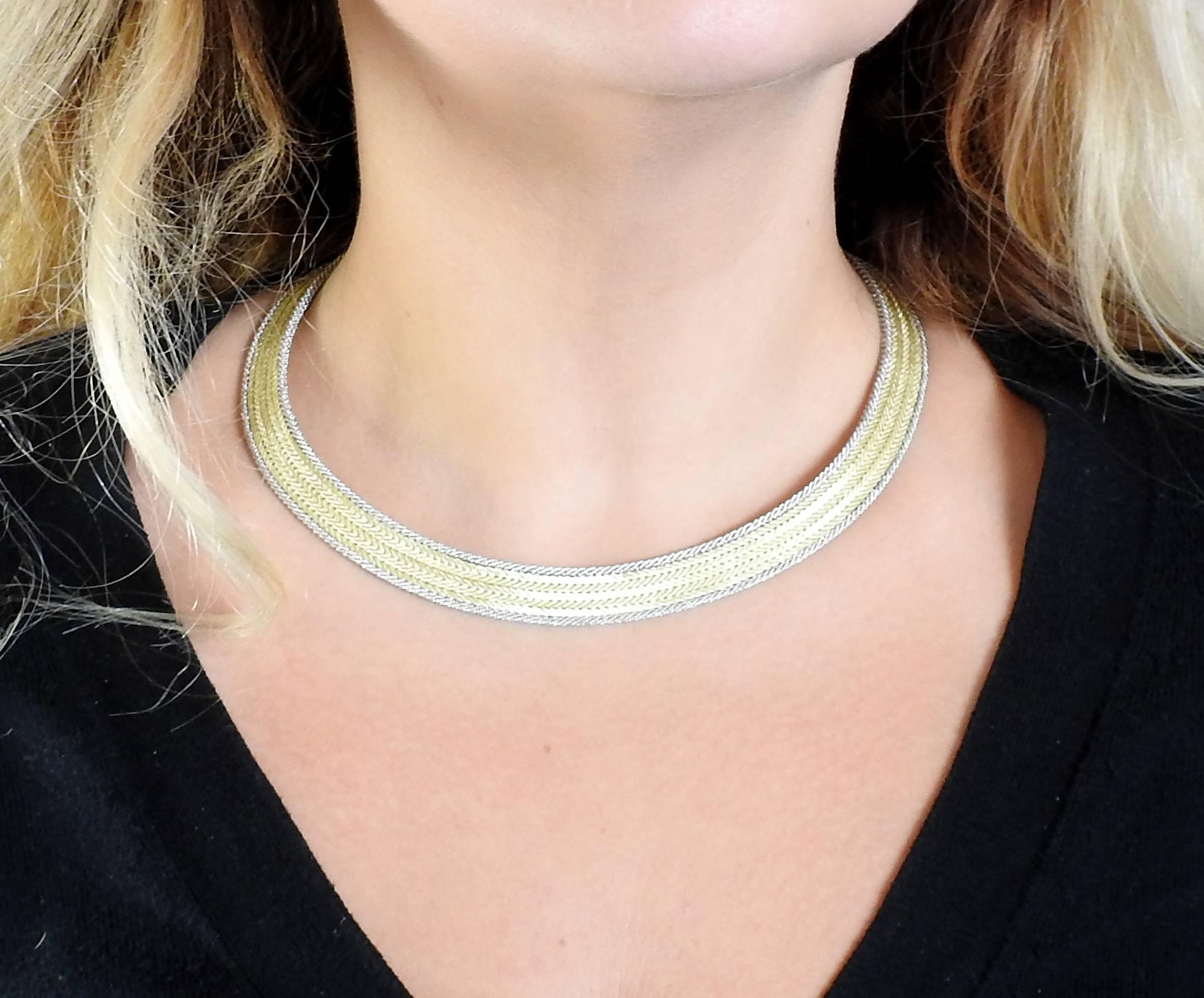 18k white and yellow gold necklace, crafted by Buccellati. Necklace is 17" long and 12.6mm wide  and weighs 116.2 grams. Marked: 18k, Gianmaria Buccellati 