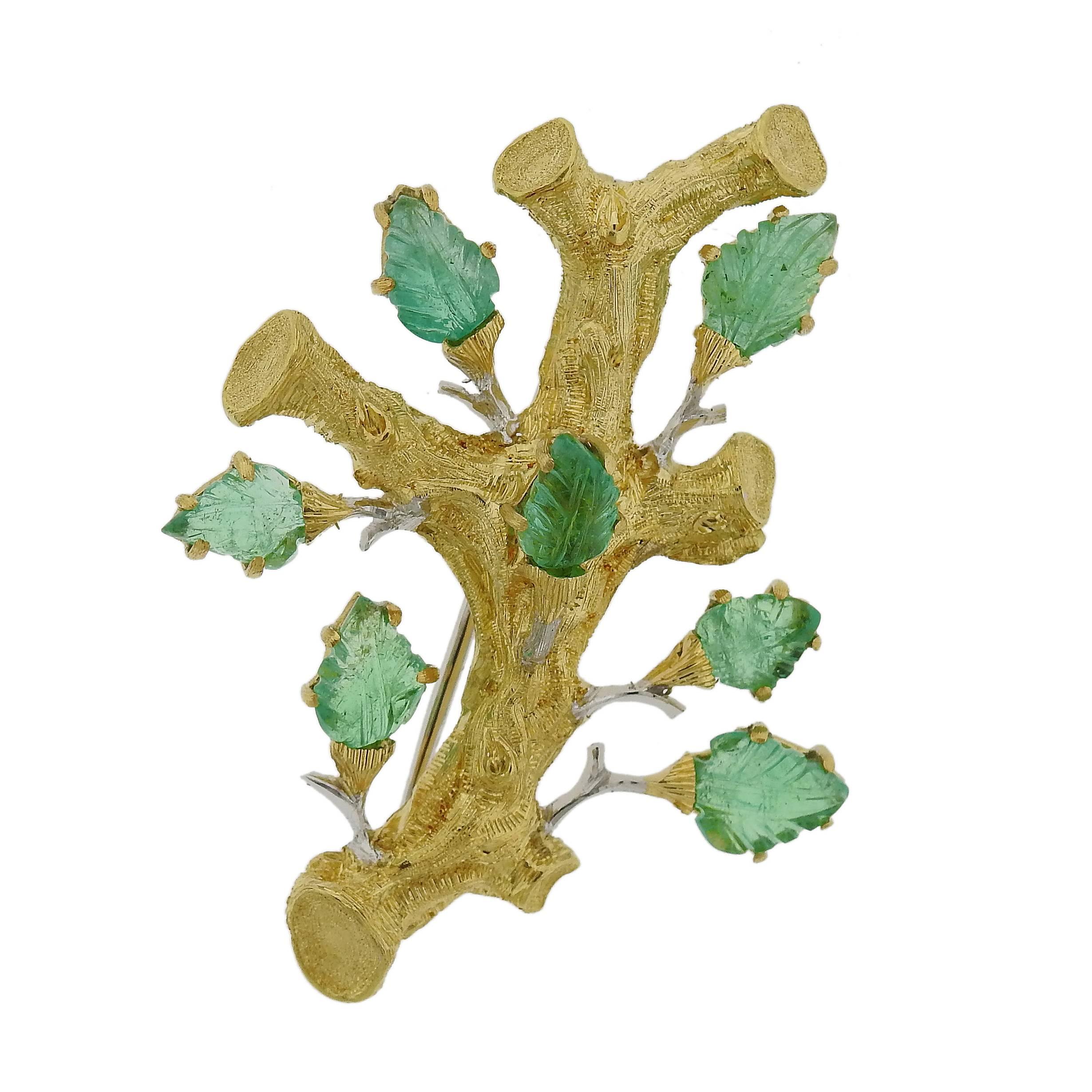 Buccellati Gold Carved Emerald Brooch Pin