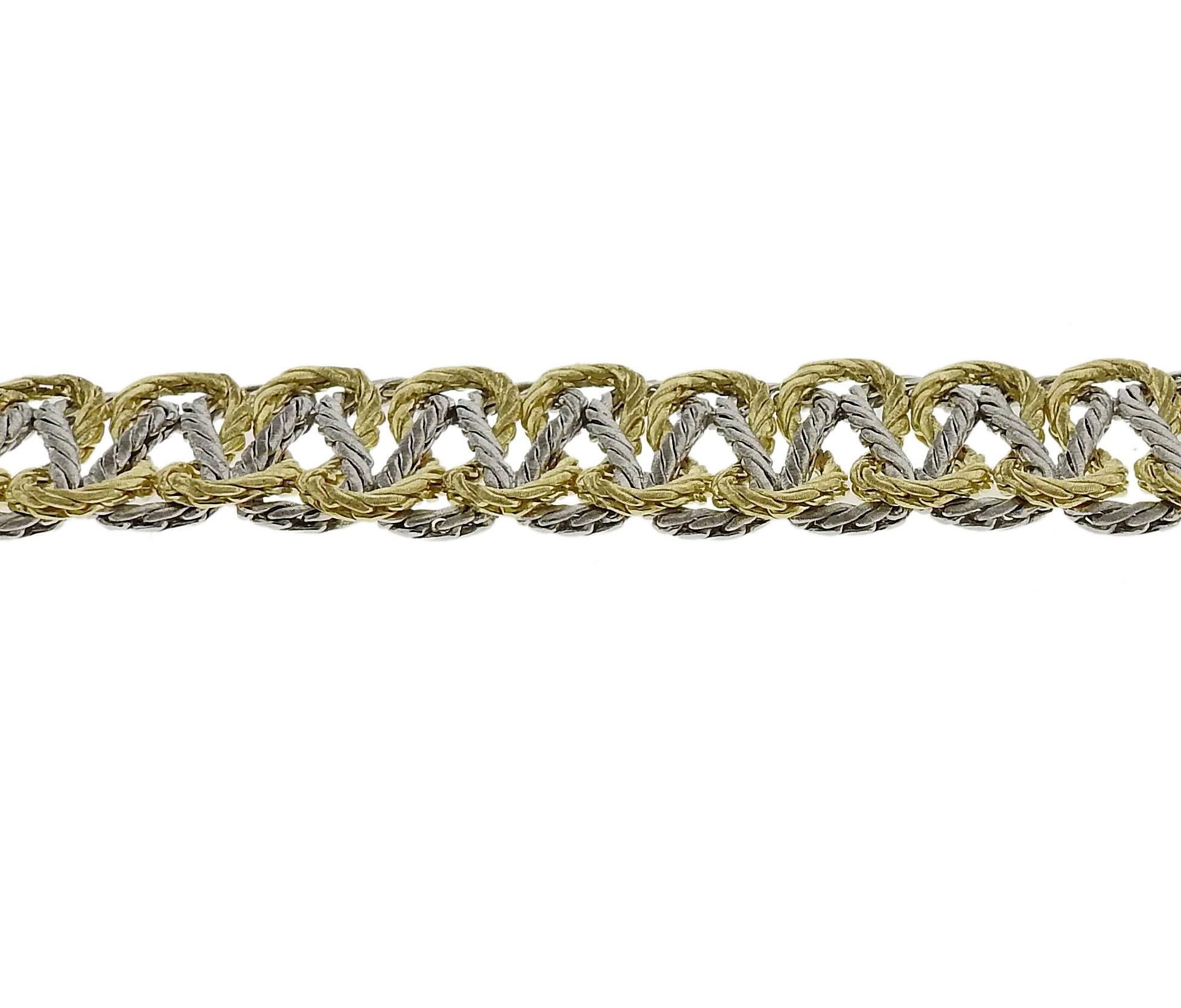 18k white and yellow gold woven bracelet, crafted by Buccellati. Bracelet is 7 1/2