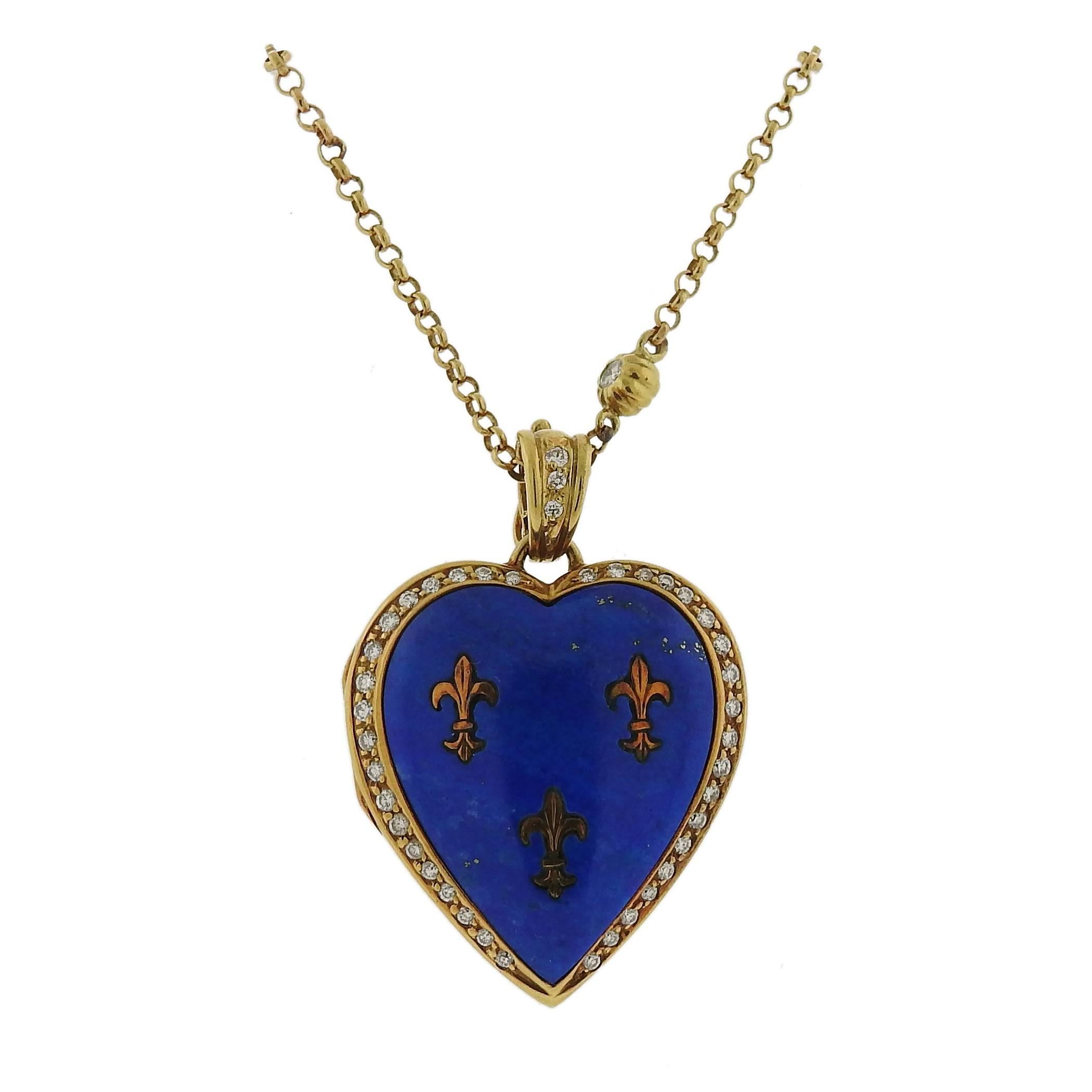Victor Mayer Lapis Diamond Gold Heart Locket Pendant Necklace