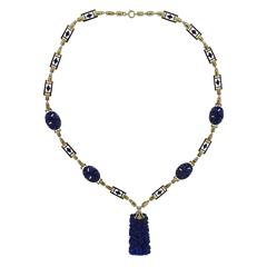 Art Deco Carved Lapis Gold Necklace