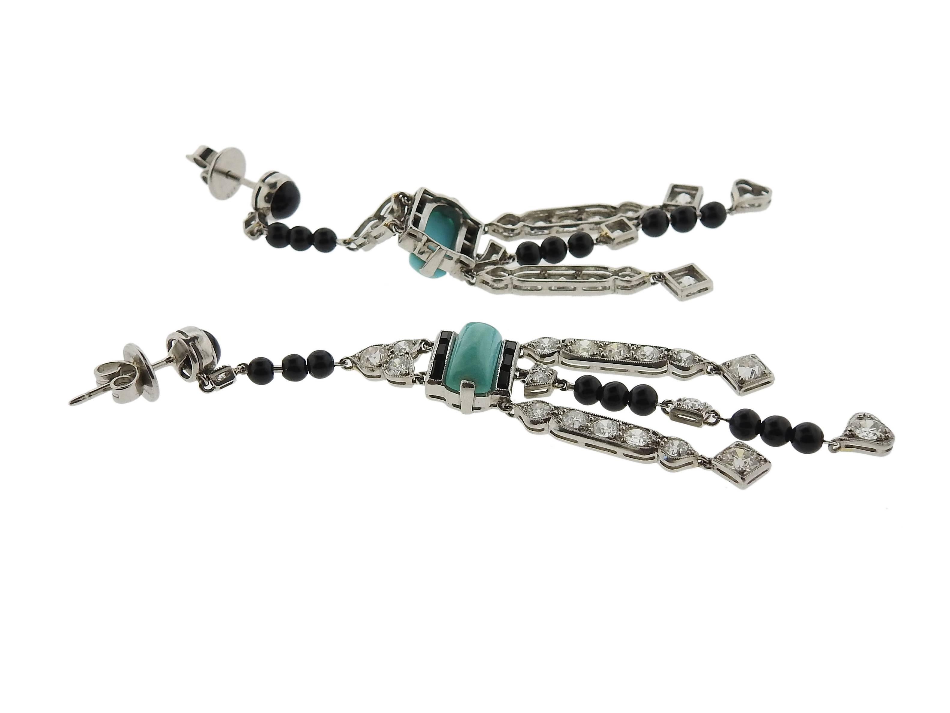 Art Deco Iconic Platinum Diamond Onyx Turquoise Earrings