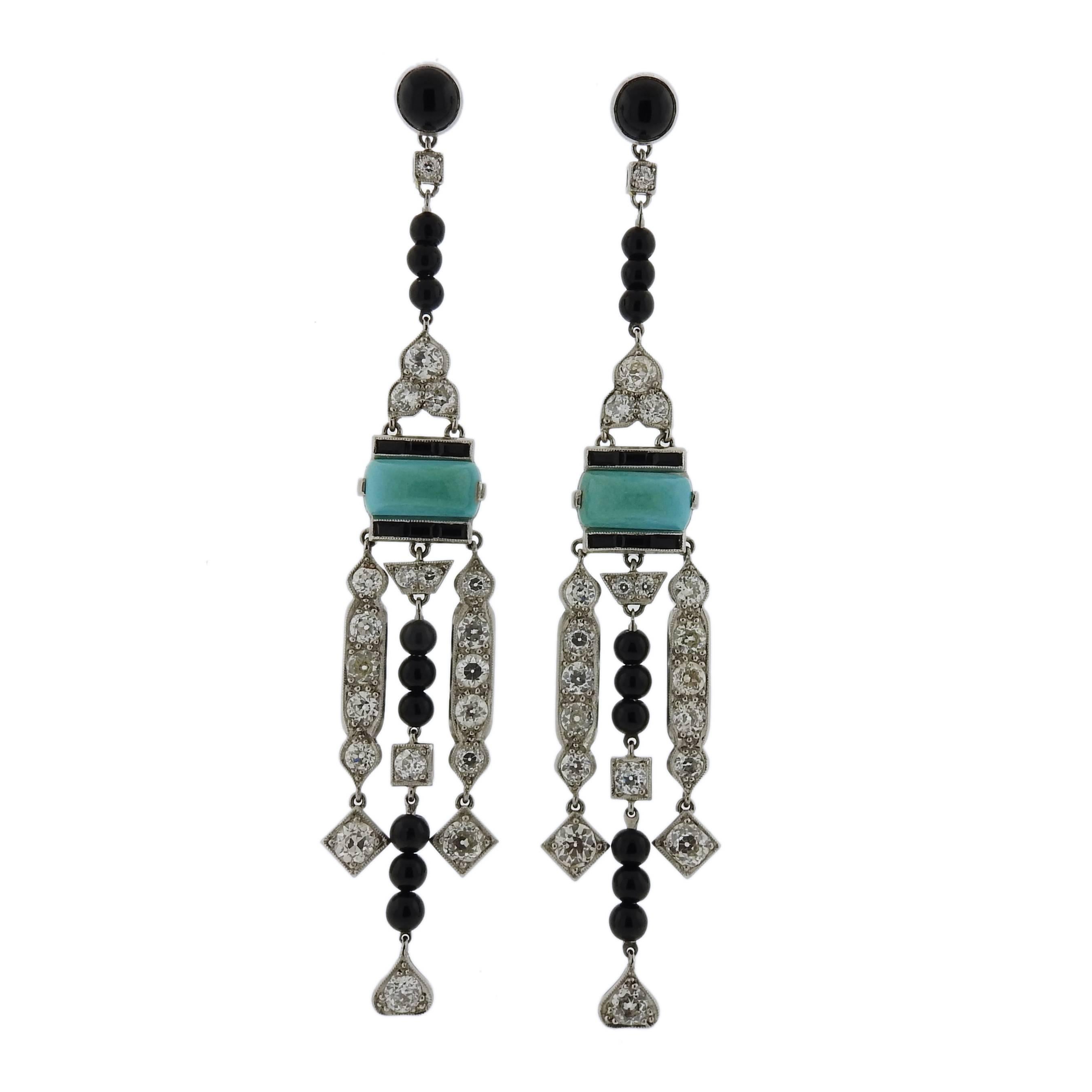 Iconic Platinum Diamond Onyx Turquoise Earrings