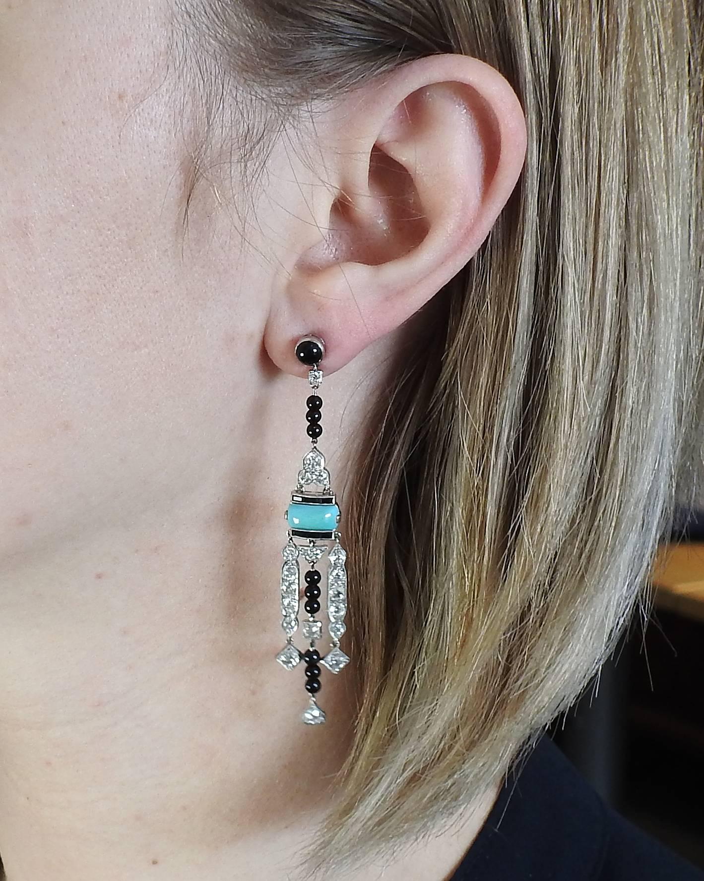 Iconic Platinum Diamond Onyx Turquoise Earrings In Excellent Condition In Lambertville, NJ