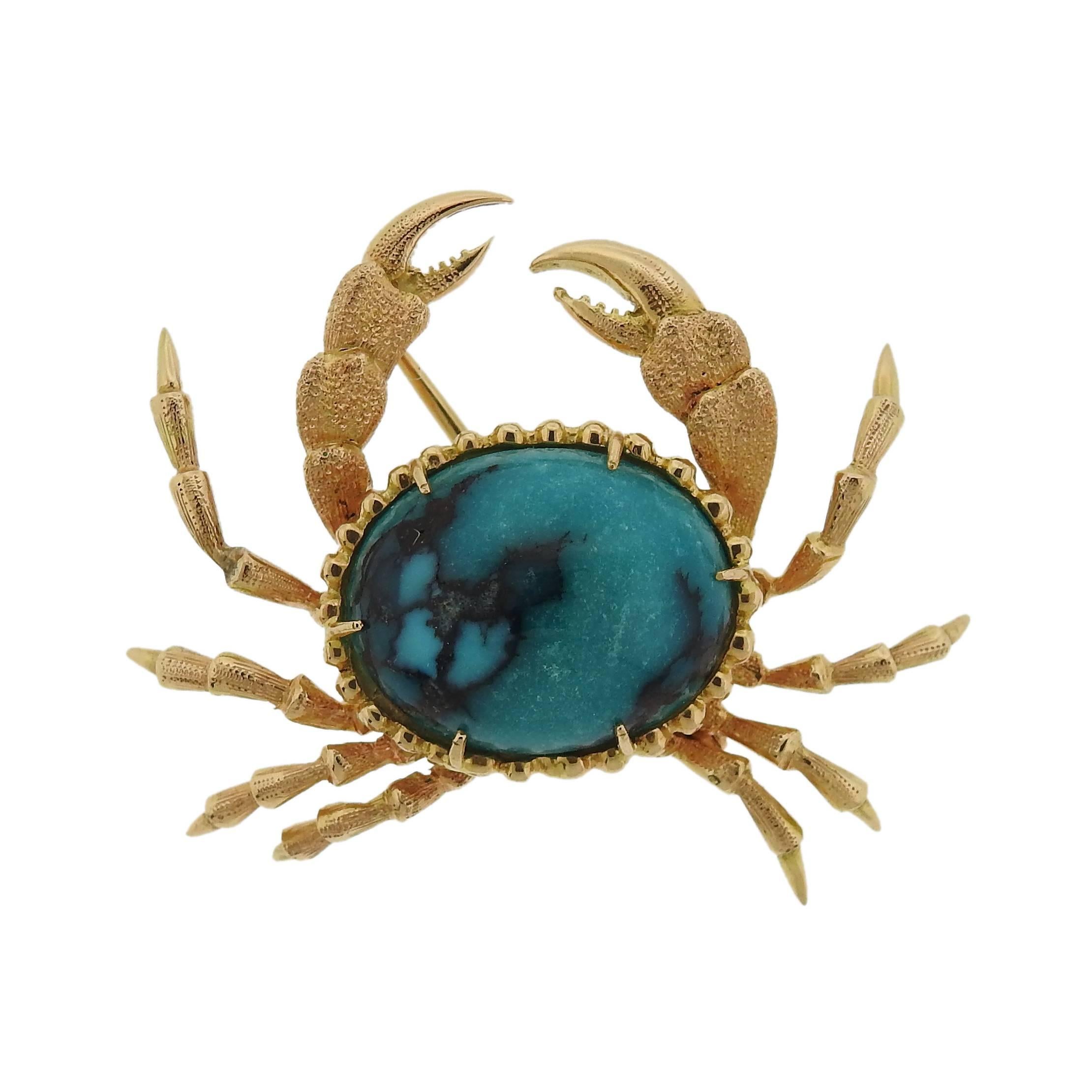 Gold Blue Stone Crab Brooch Pin