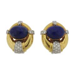 1980s Lapis Diamond Gold Earrings