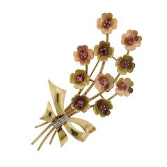 Classic Retro Ruby Diamond Gold Flower Brooch Pin