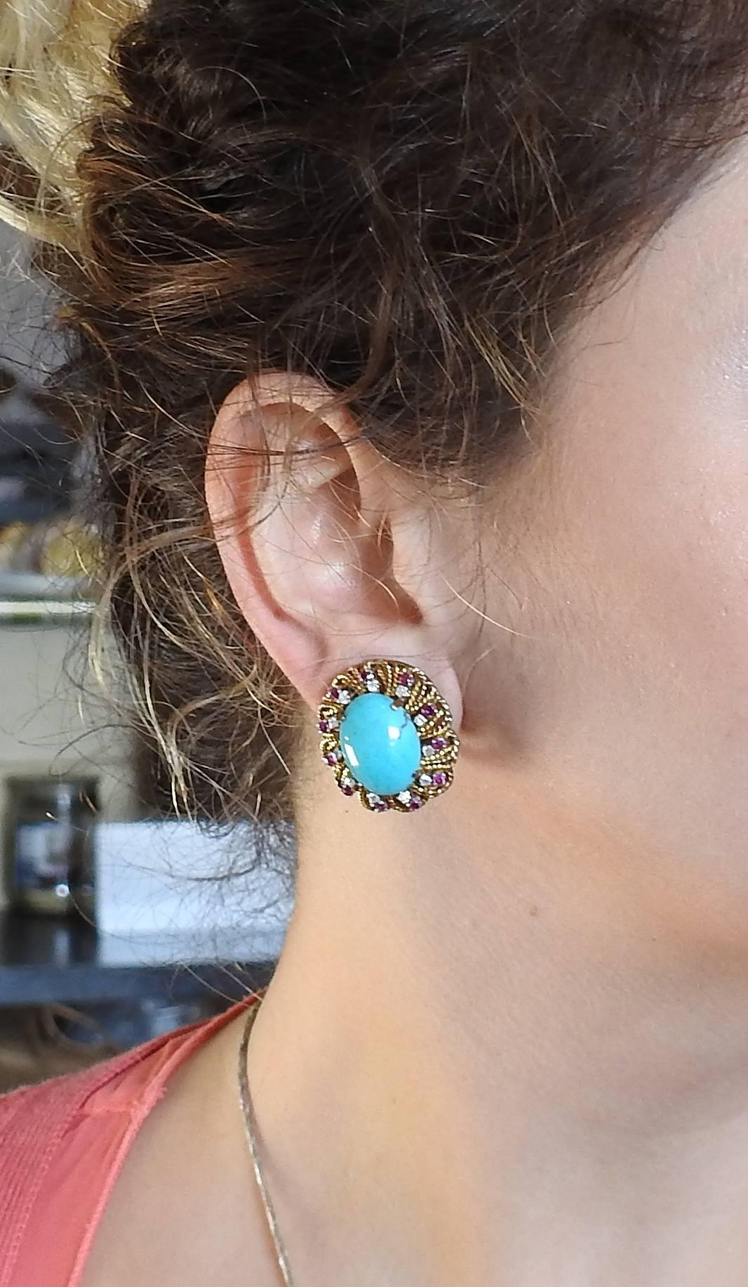 Women's Large 1960s Gold Turquoise Diamond Ruby Earrings