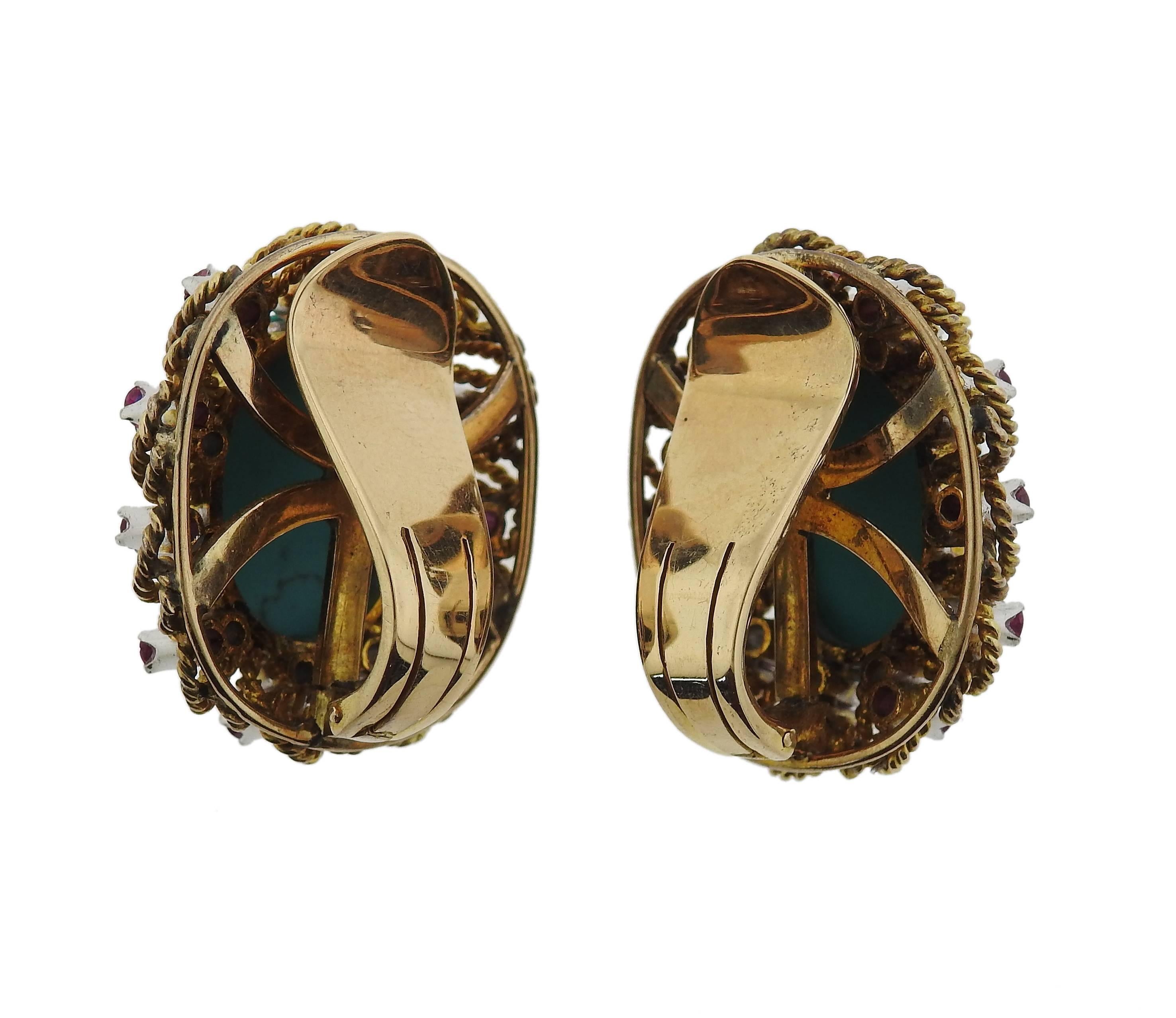 Large 1960s Gold Turquoise Diamond Ruby Earrings In Excellent Condition In Lambertville, NJ
