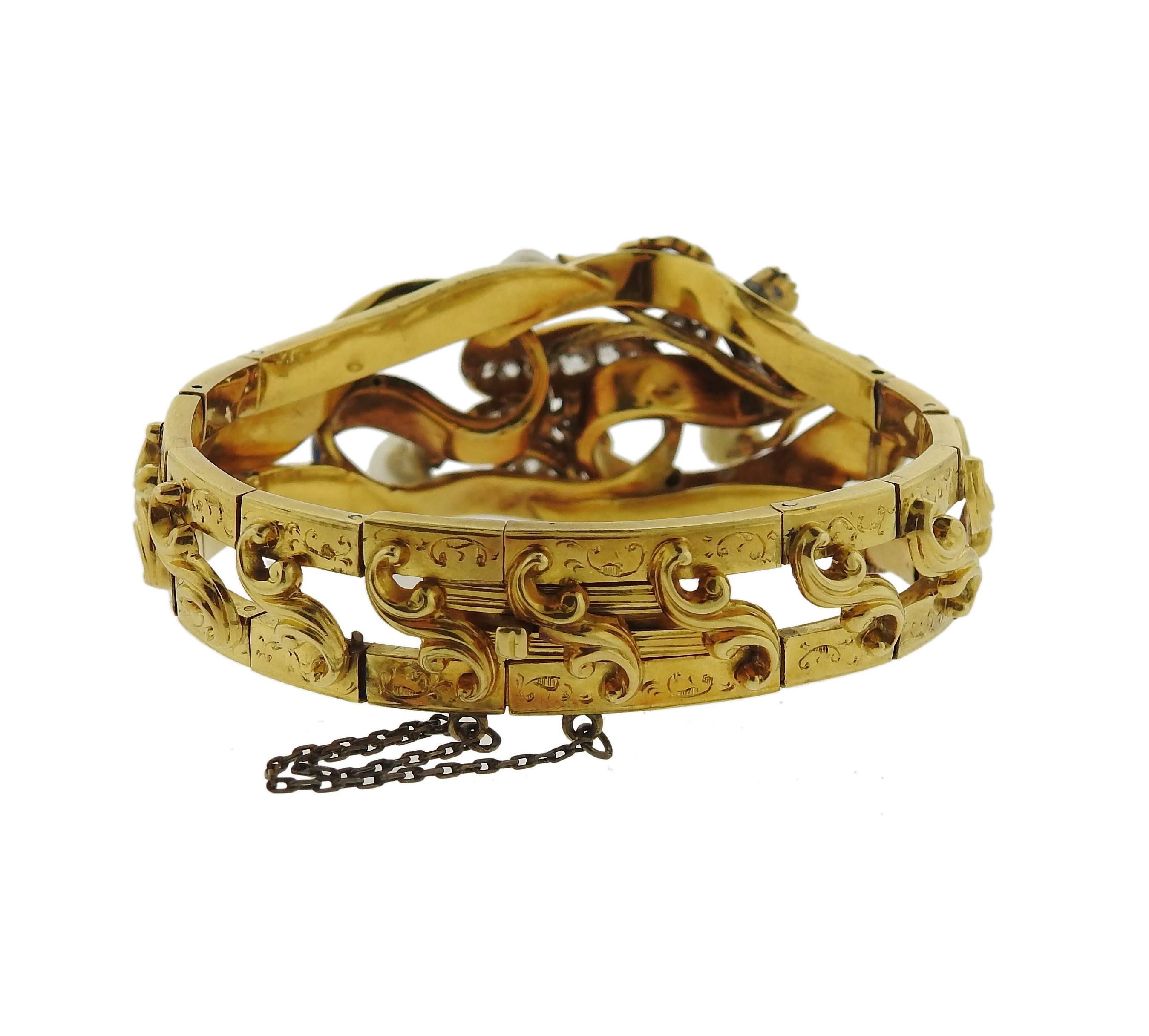 Women's Early Victorian French Pearl Enamel Diamond Gold Bracelet