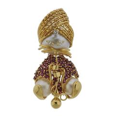 French Pearl Ruby Diamond Gold Snake Whisperer Brooch Pin