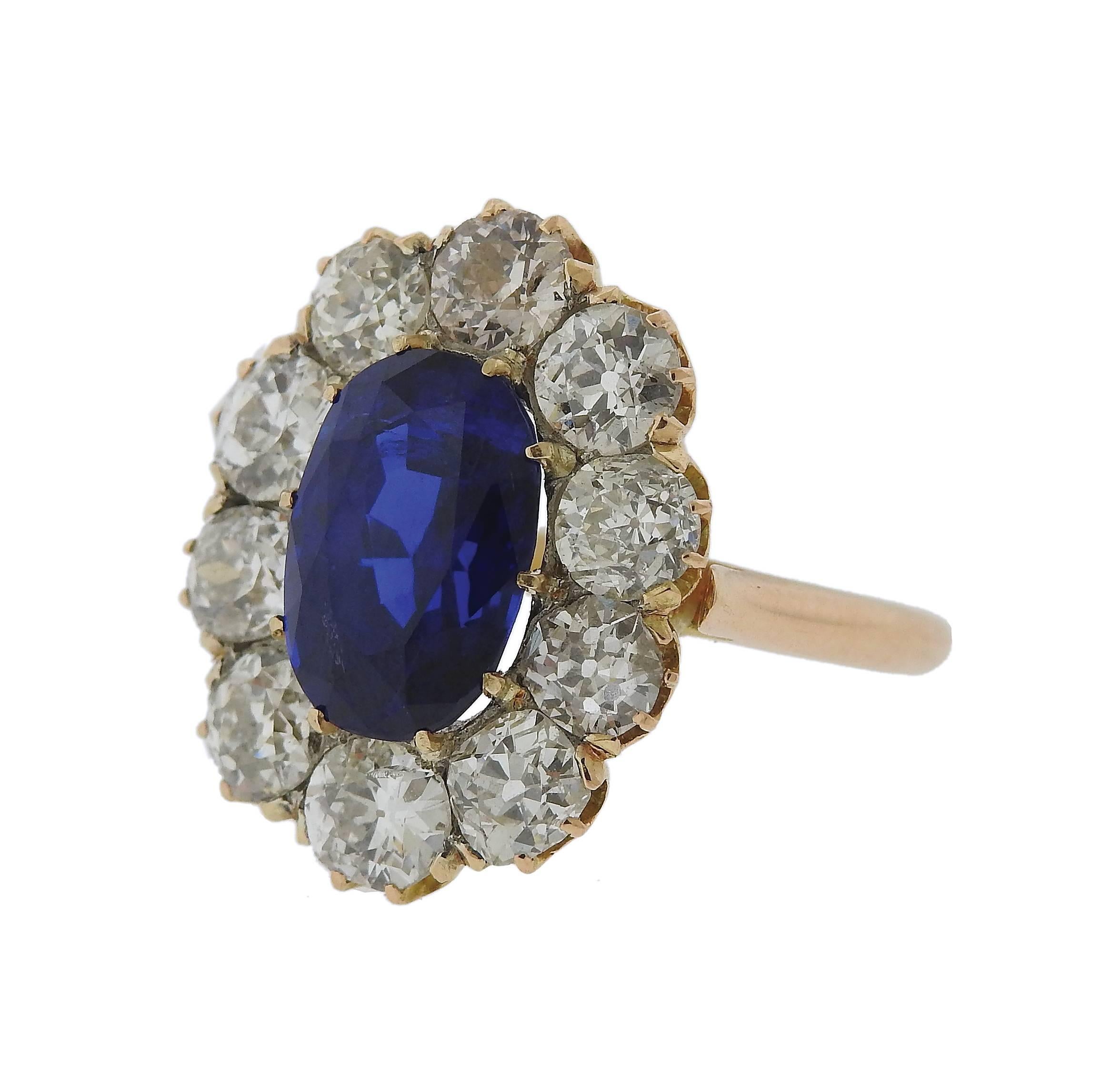 AGL 4.41 Carat Natural No Heat Antique Burma Sapphire Diamond Gold Ring In Excellent Condition In Lambertville, NJ