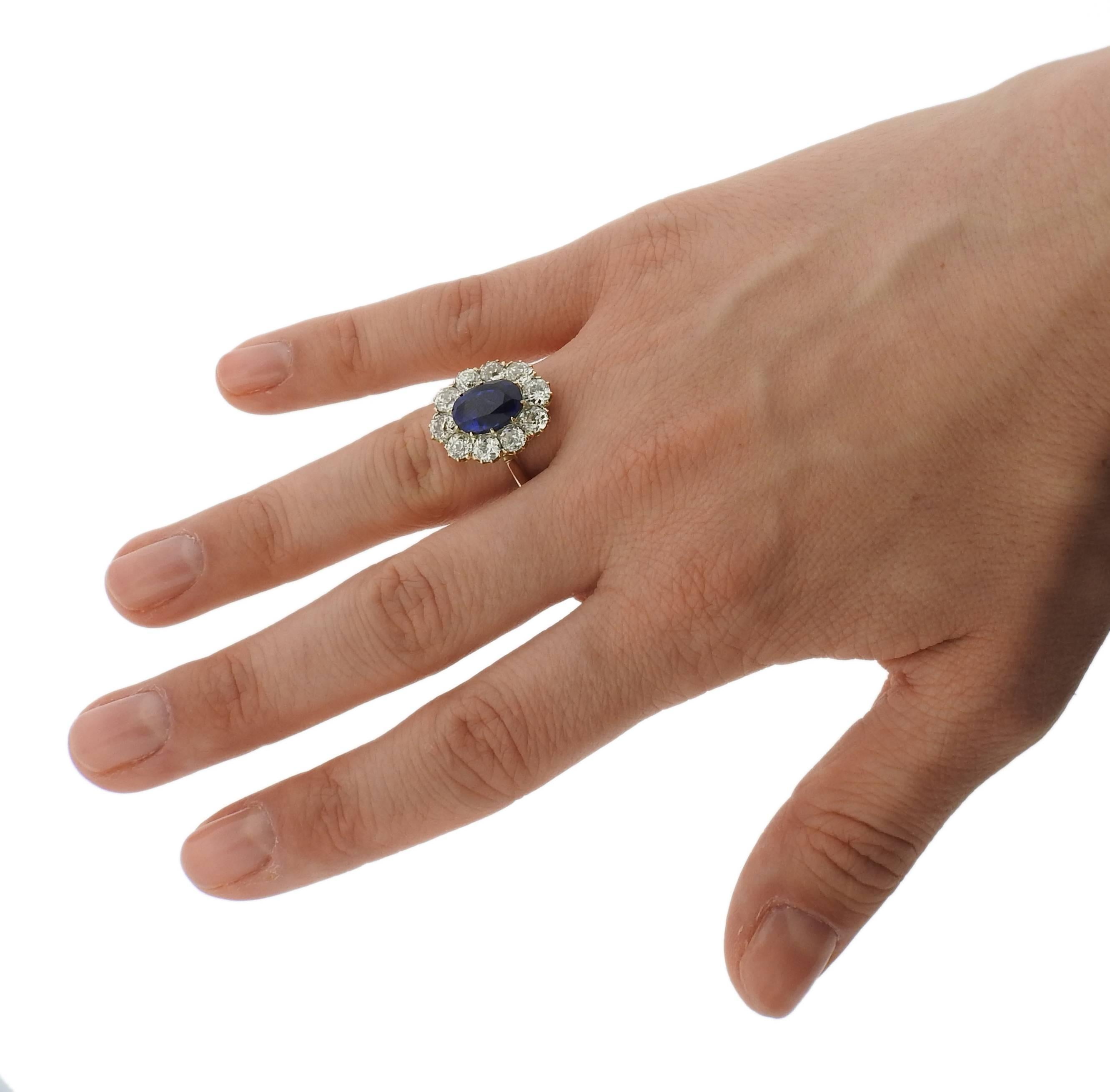 Women's AGL 4.41 Carat Natural No Heat Antique Burma Sapphire Diamond Gold Ring