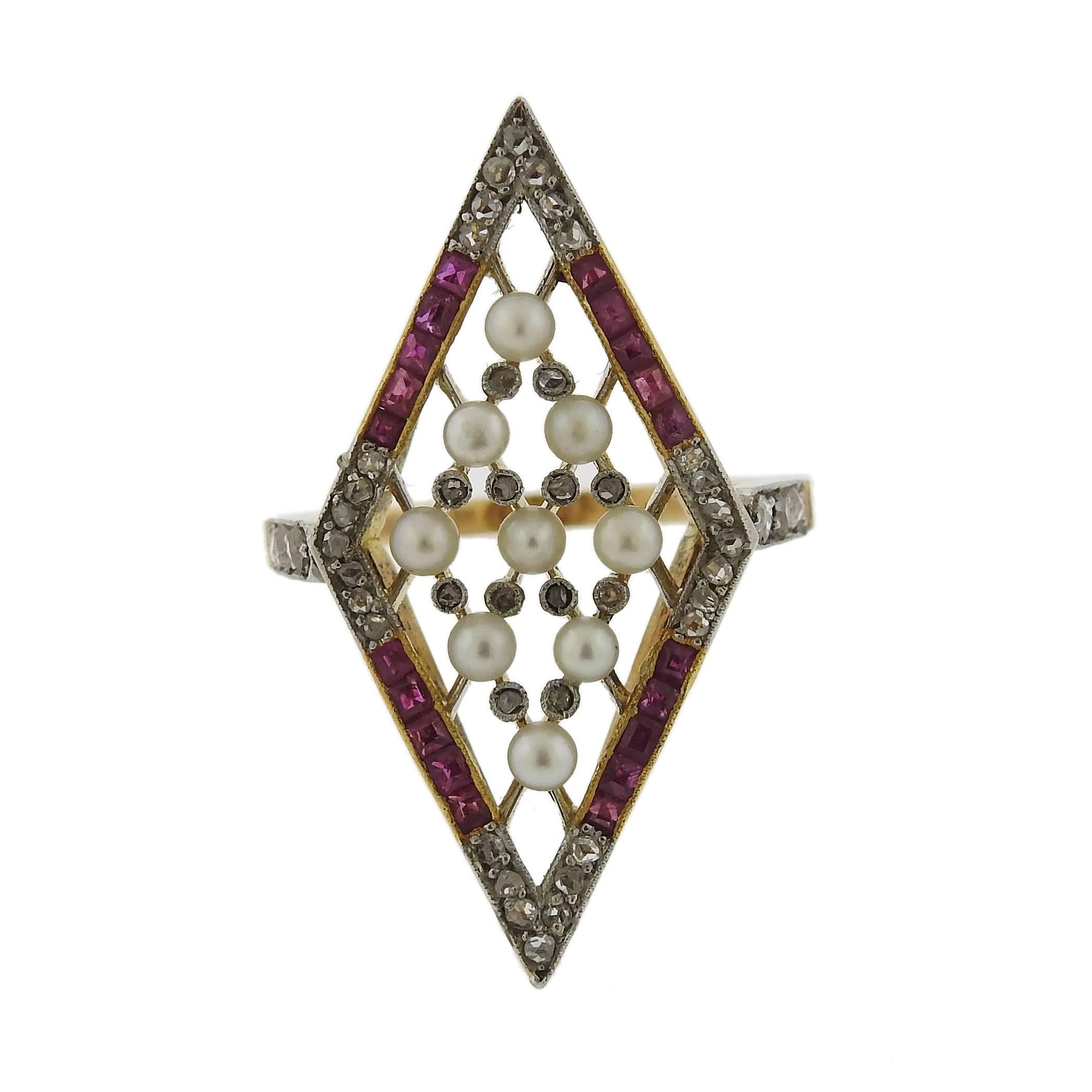 Antique Gold Ruby Diamond Pearl Ring