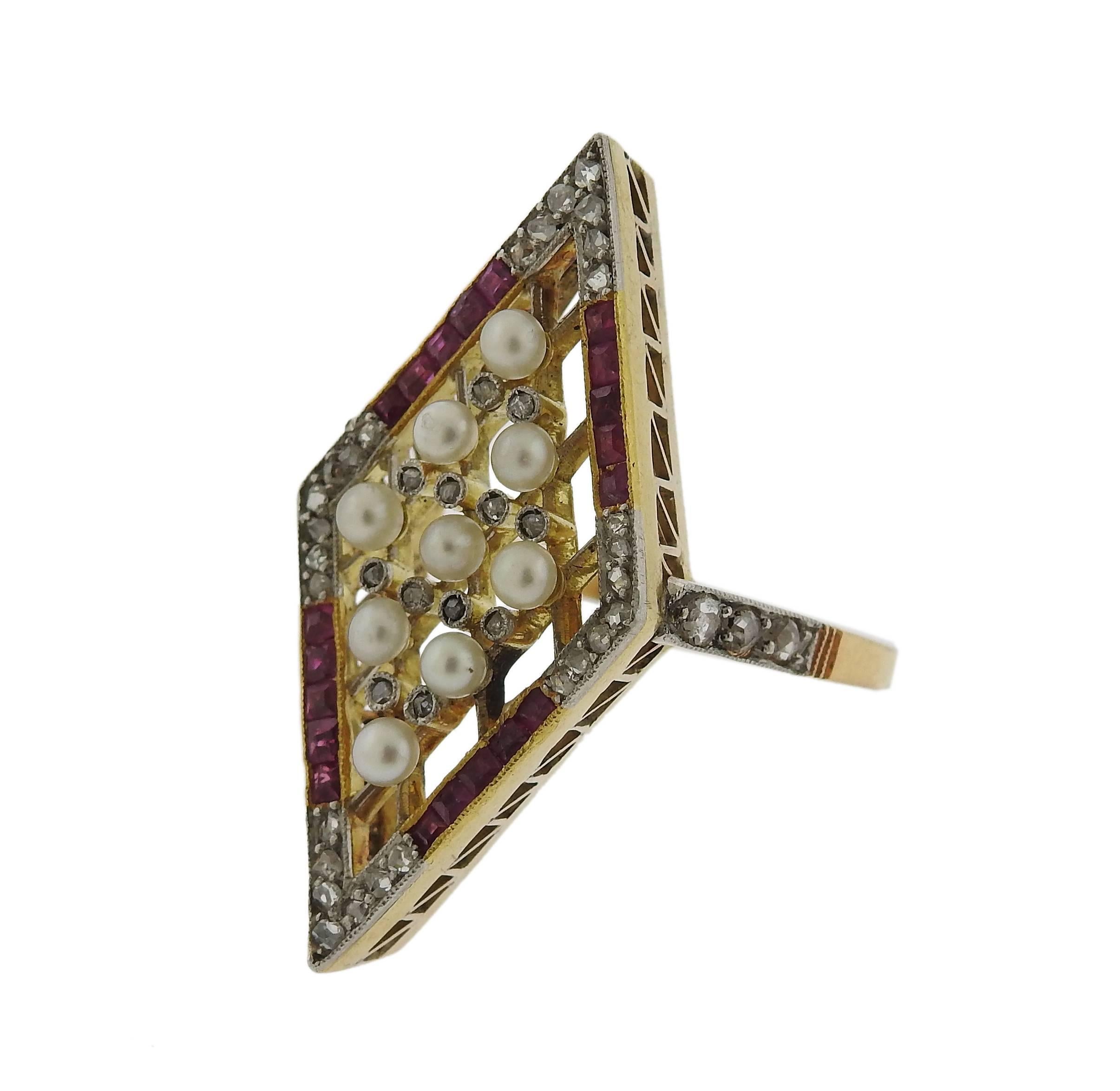 Rose Cut Antique Gold Ruby Diamond Pearl Ring