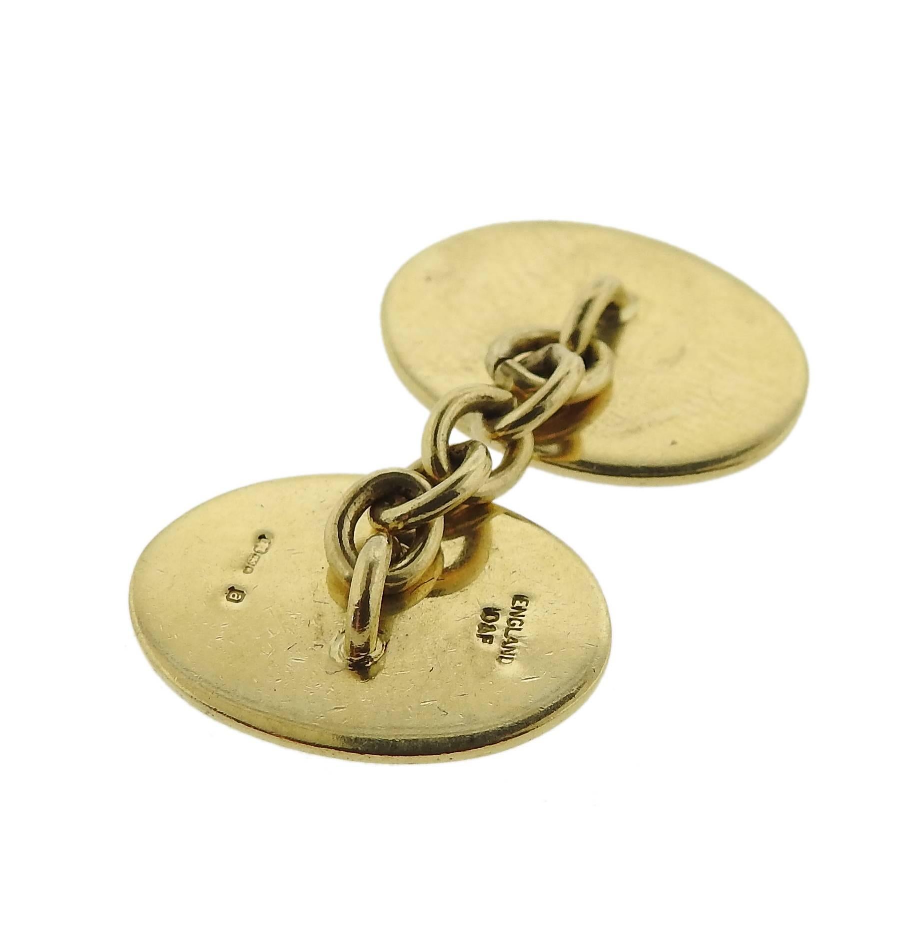 Pair of 18k gold and enamel cufflinks, crafted by Deakin & Francis, depicting the "four vices". Each top measures 19mm x 14mm.  Marked: England, D & F, English marks. Weight - 15.4 grams