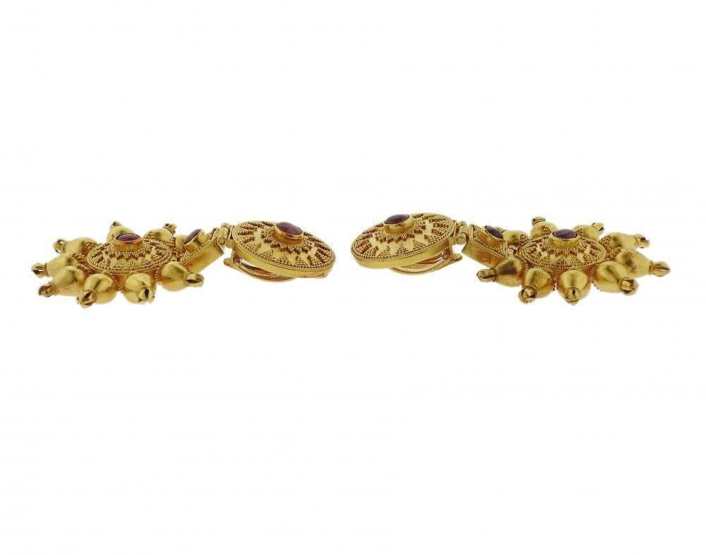 Large Ilias Lalaounis Ruby Gold Earrings In Excellent Condition In Lambertville, NJ