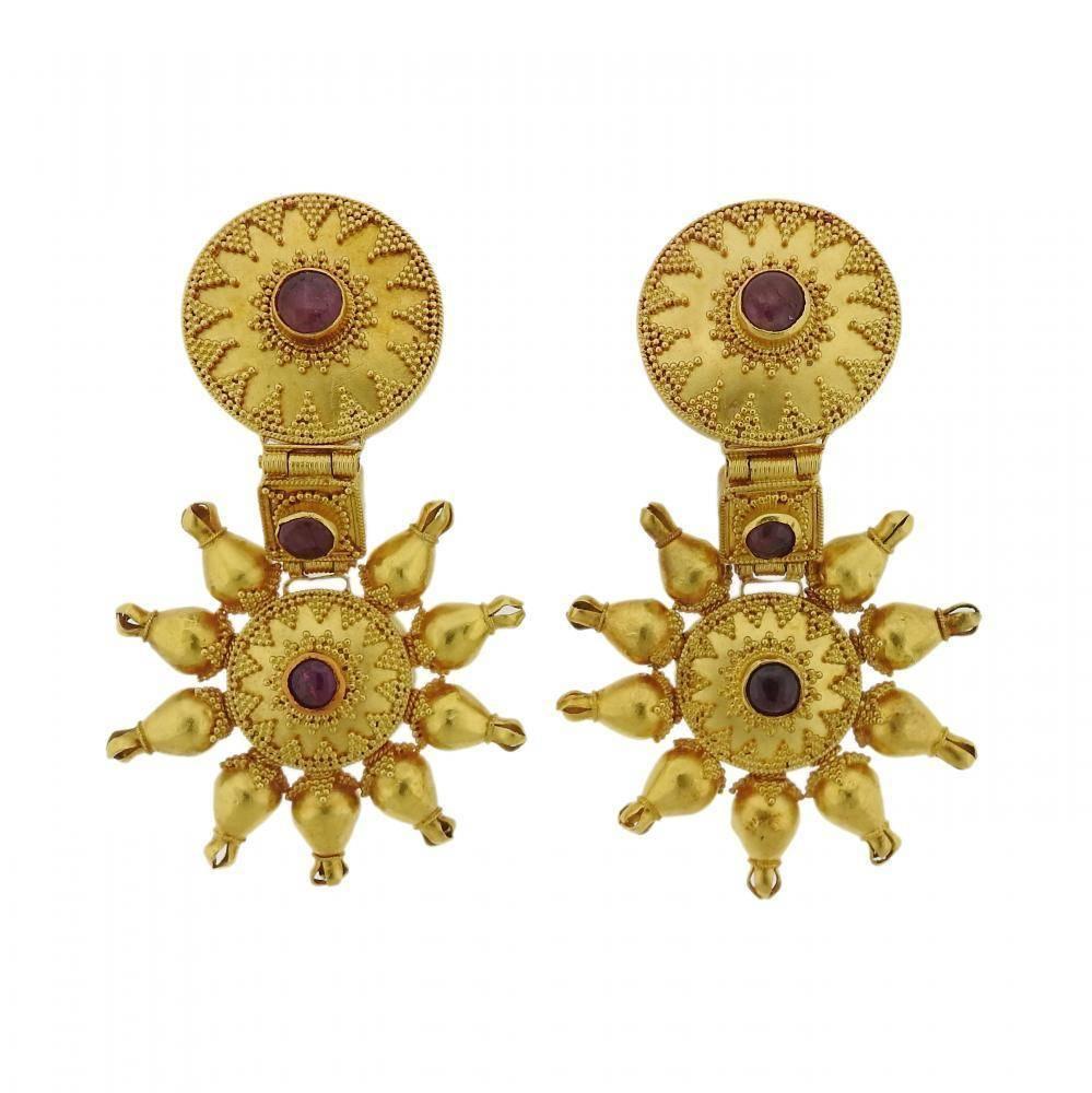 Large Ilias Lalaounis Ruby Gold Earrings