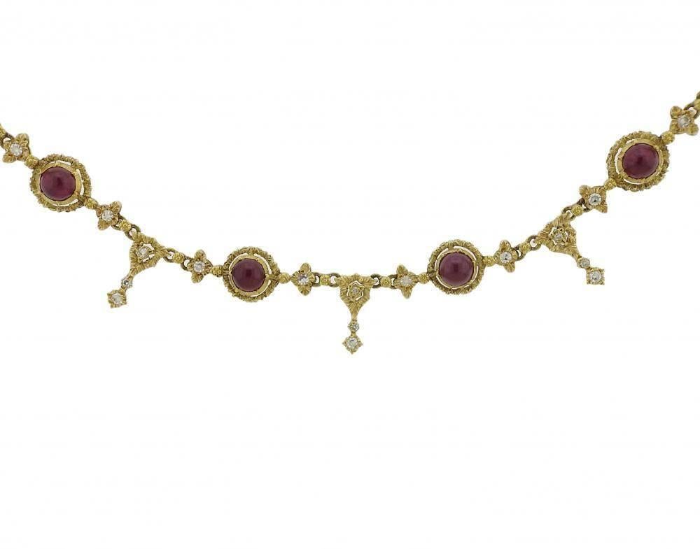 An 18k yellow gold necklace set with rubies and diamonds.  The necklace is 16" long and 13mm wide.  The weight of the piece is 37.5 grams.  Marked: 750, Federico Buccellati.