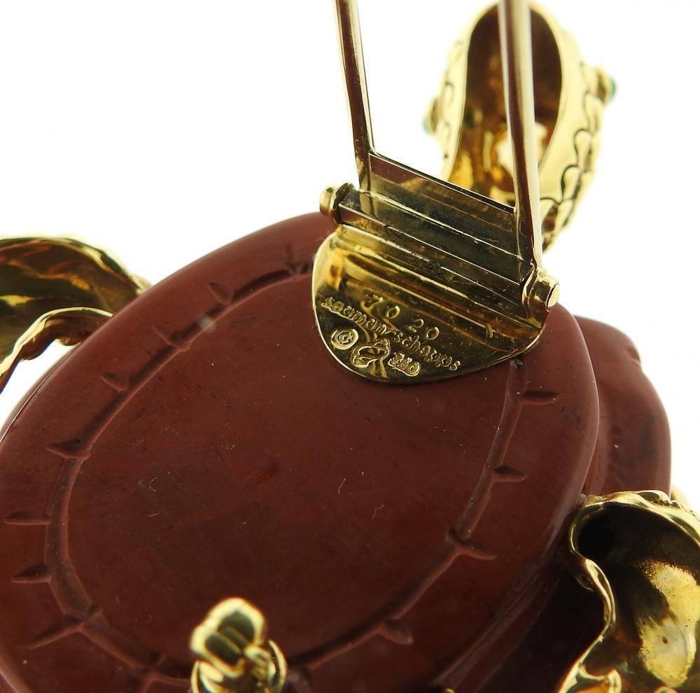 Women's or Men's Seaman Schepps Jasper Citrine Emerald Gold Turtle Brooch Pin
