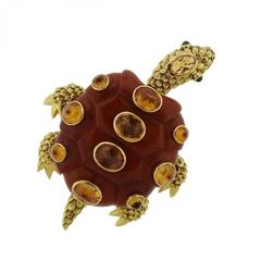 Seaman Schepps Jasper Citrine Emerald Gold Turtle Brooch Pin