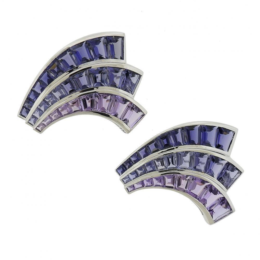Seaman Schepps Large Iolite Amethyst Gold Fan Brooch Set For Sale