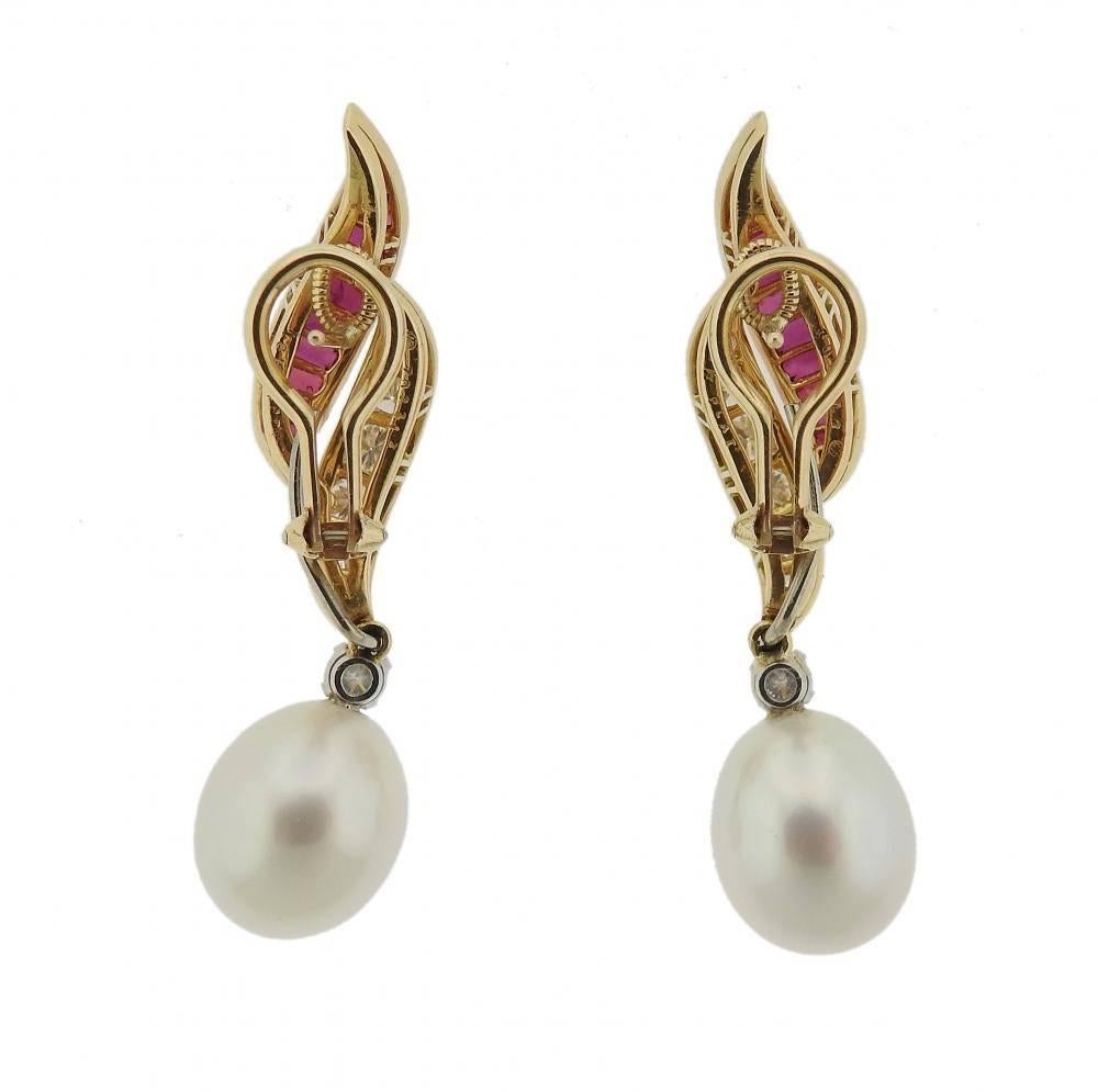 Oscar Heyman Ruby Diamond South Sea Pearl Gold Earrings 1