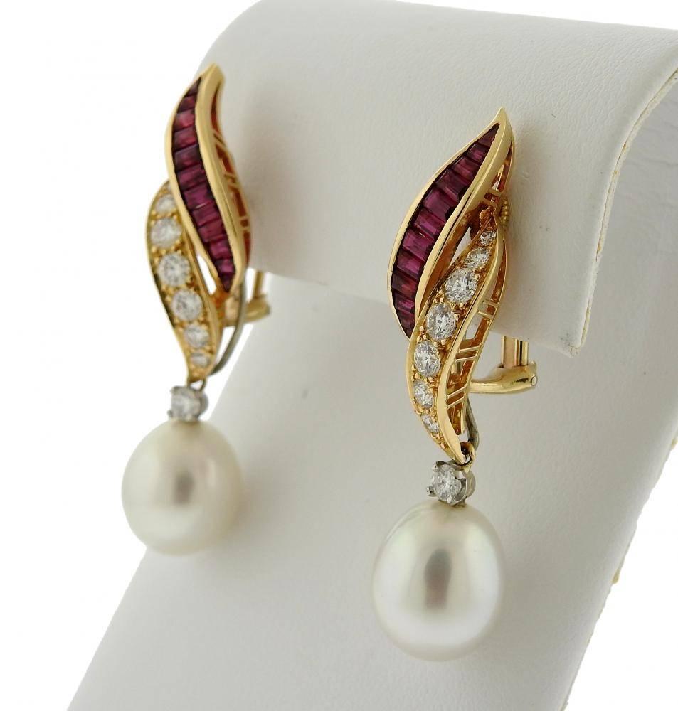 Women's Oscar Heyman Ruby Diamond South Sea Pearl Gold Earrings