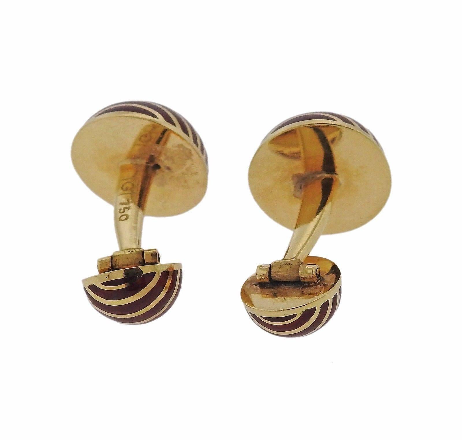 Red Enamel Yellow Gold Cufflinks In Excellent Condition For Sale In Lambertville, NJ