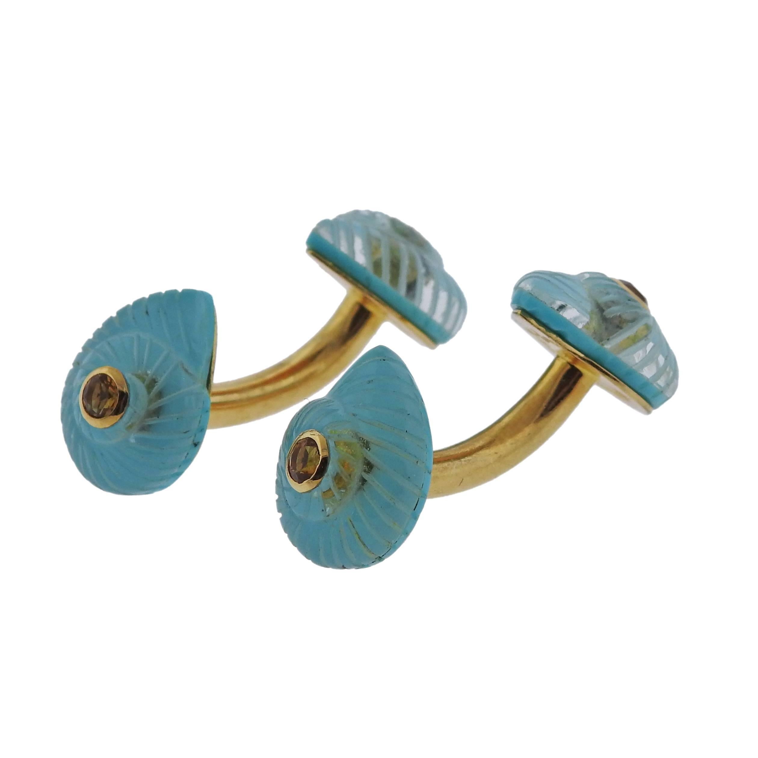 Trianon Crystal Turquoise Citrine Gold Shell Cufflinks In Excellent Condition In Lambertville, NJ