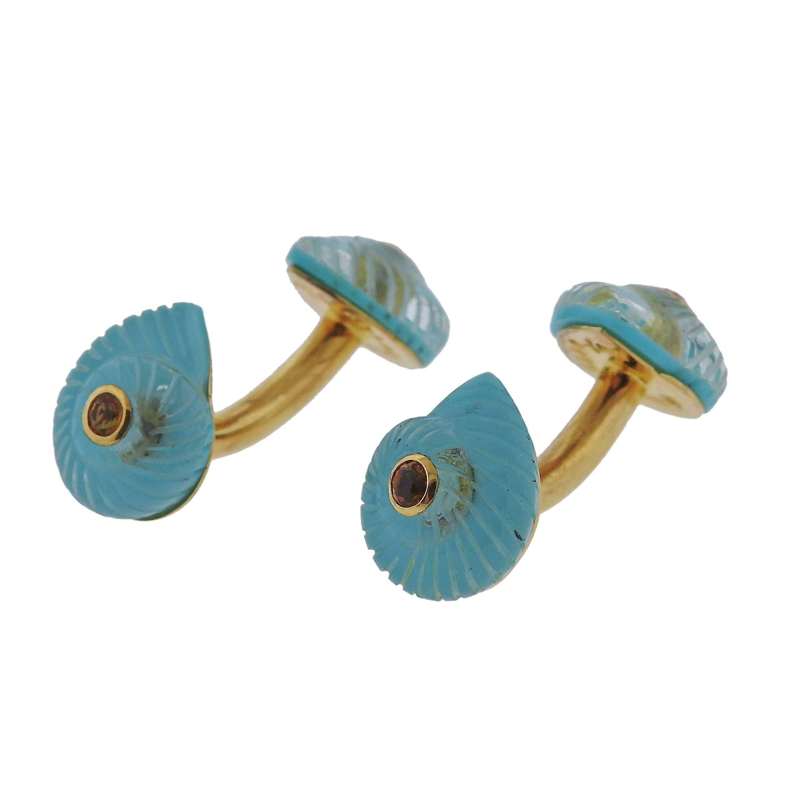 Trianon Crystal Turquoise Citrine Gold Shell Cufflinks 1