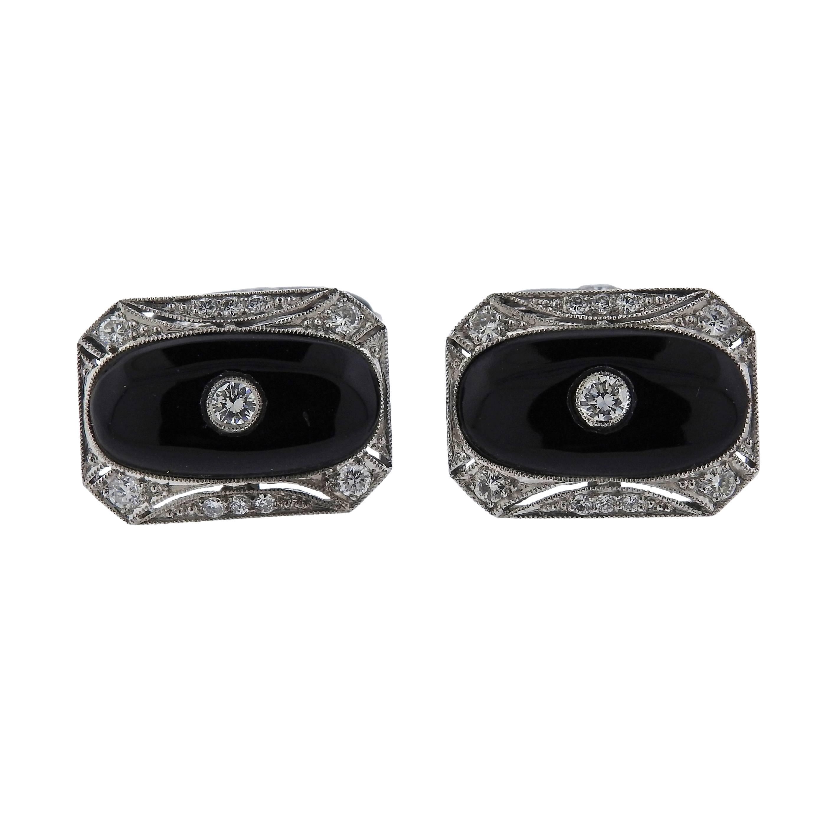 Art Deco Onyx Diamond Gold Cufflinks In Excellent Condition In Lambertville, NJ