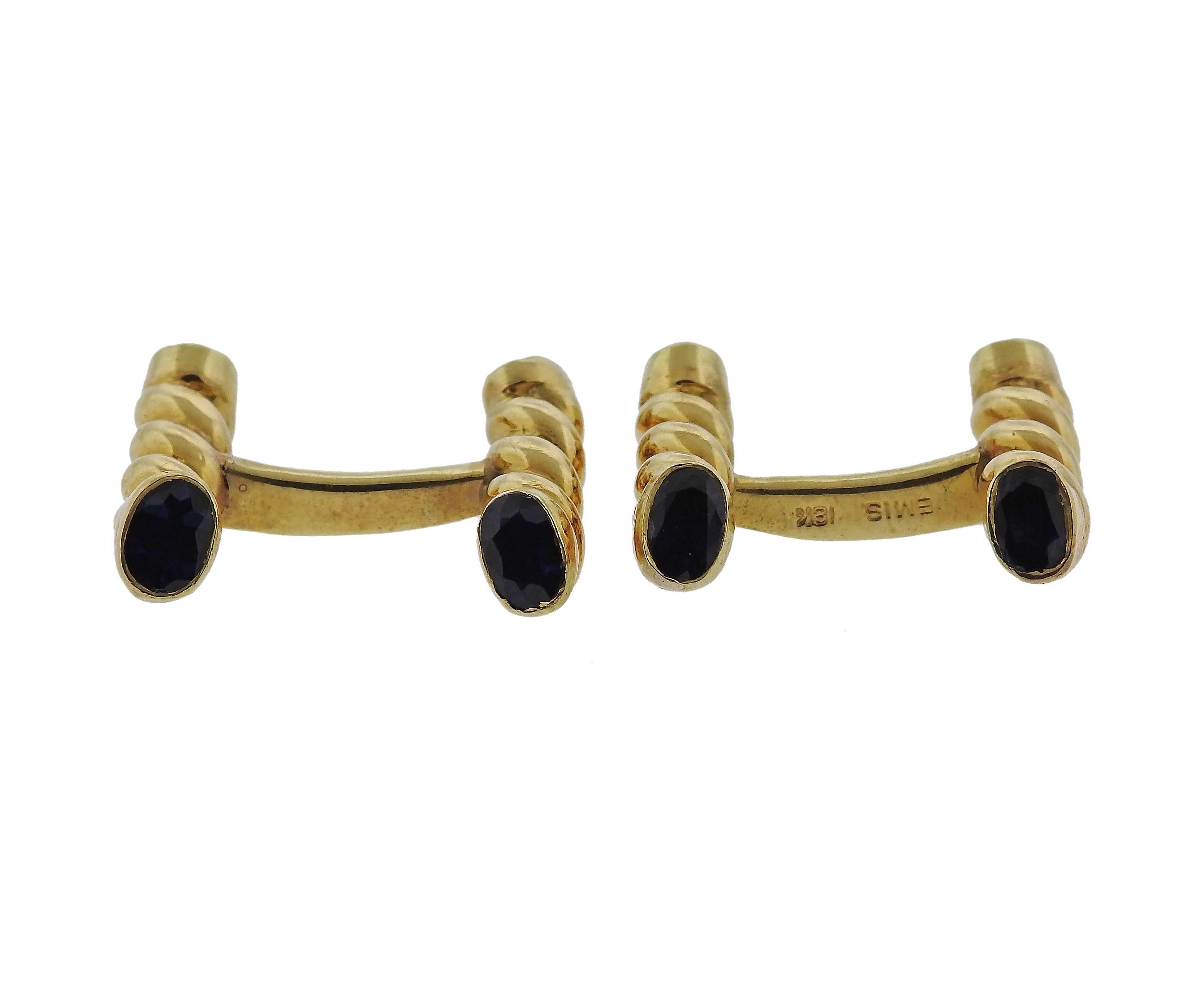Emis Sapphire Gold Twisted Cufflinks In Excellent Condition For Sale In Lambertville, NJ